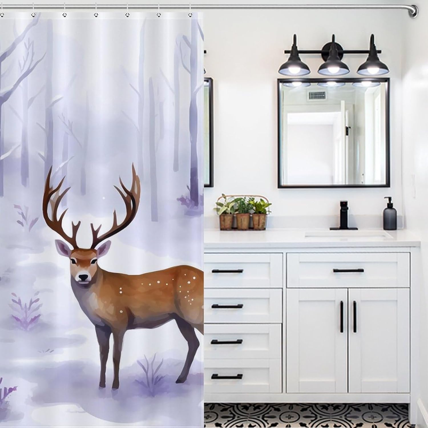 Deers Winter Forests Funny Shower Curtains Washable Bath Curtain Liner with Hooks for Bathroom Bath Tubs