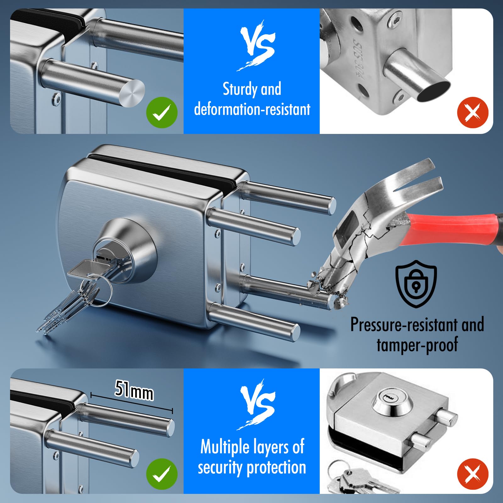 Serrure pour Porte en Verre Sans Perçage en Acier Inoxydable 304, Finition Nickel Brossé, Double Verrouillage Clé et Bouton, Sécurité Renforcée pour Verre Trempé 10–12 mm, Maison Bureau Salle de Bain