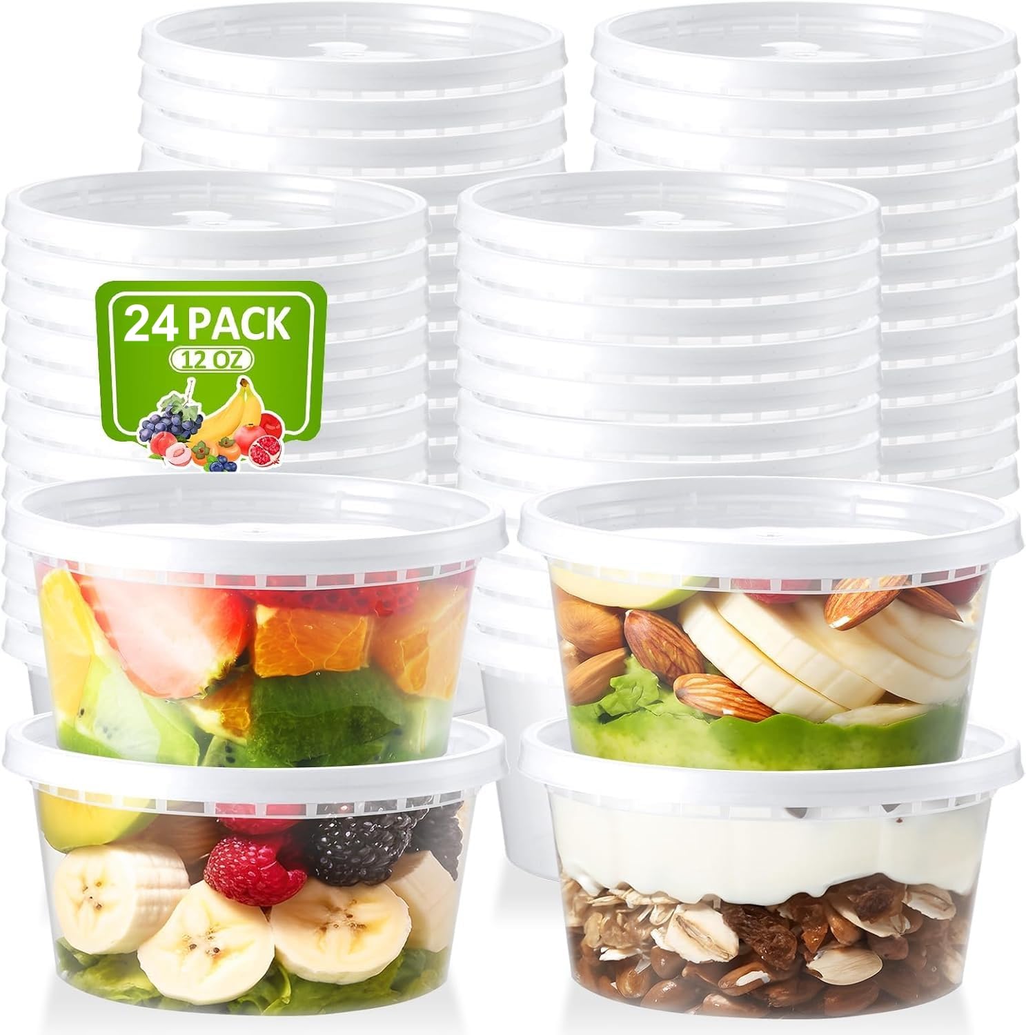 LATERN 24 Stück Kunststoffbehälter mit Deckel, 360ml /12oz Wiederverwendbare Aufbewahrungsbecher für Lebensmittel Auslaufsicher Vorratsbehälter für Suppen Deli-Cups zum Essenszubereitung