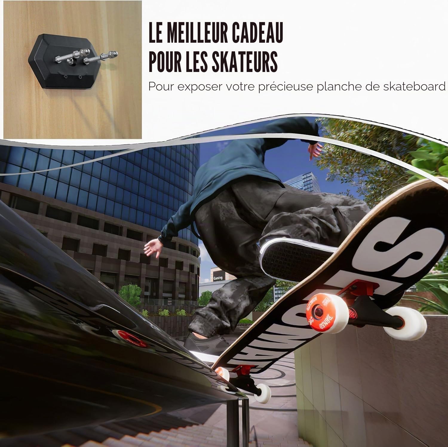 BOOSTEADY Support Mural pour Planche de Skateboard, Lot de 4 Porte Skateboard Mural, Support Planche à roulettes pour Affichage et Rangement