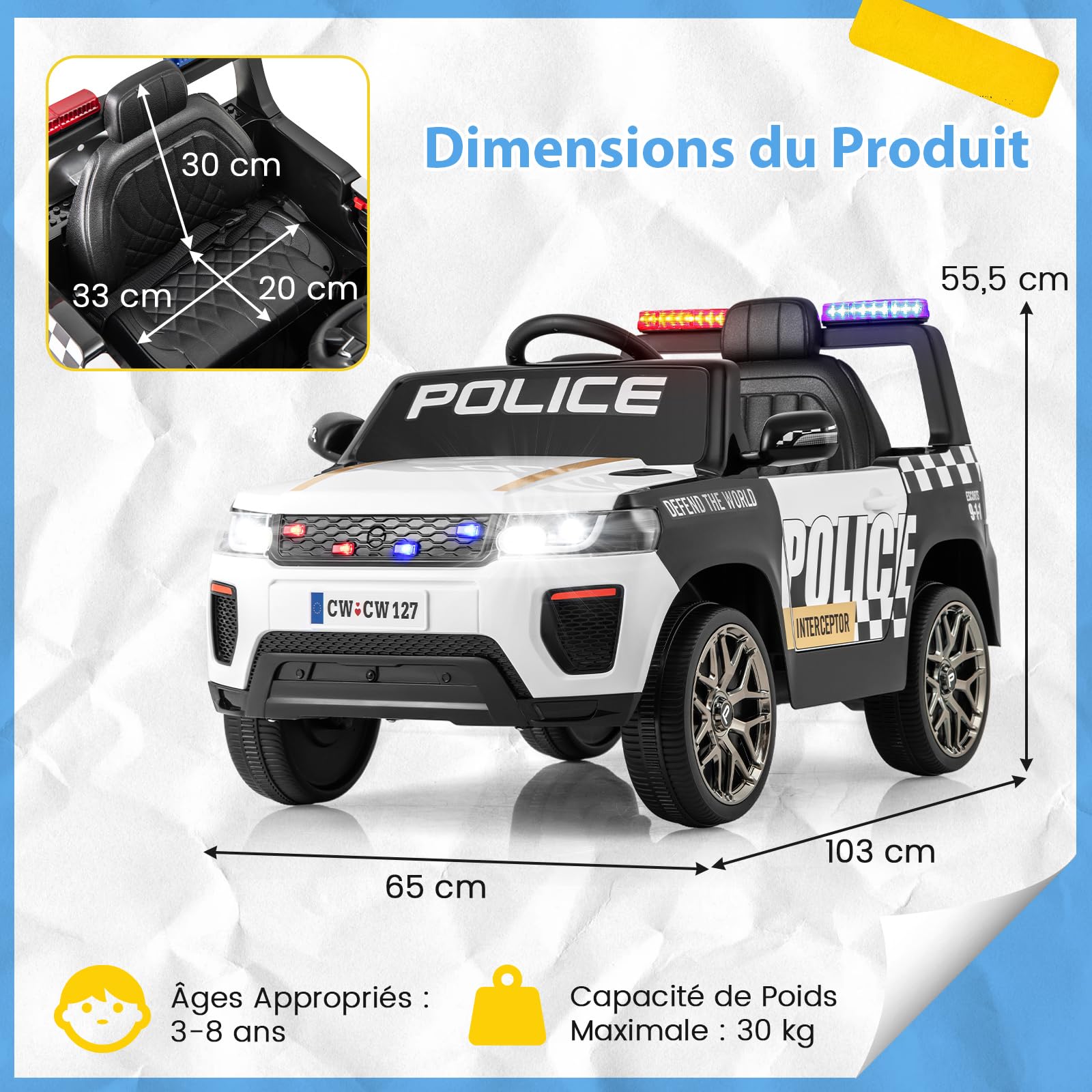 COSTWAY 12V Voiture Électrique Enfant en Forme Police avec Télécommande 2,4G, Véhicule Électrique Enfant 4x4 avec Musique & Lumières LED Clignotantes, 3 Vitesses, Charge 30kg pour 3-8 Ans (Blanc)