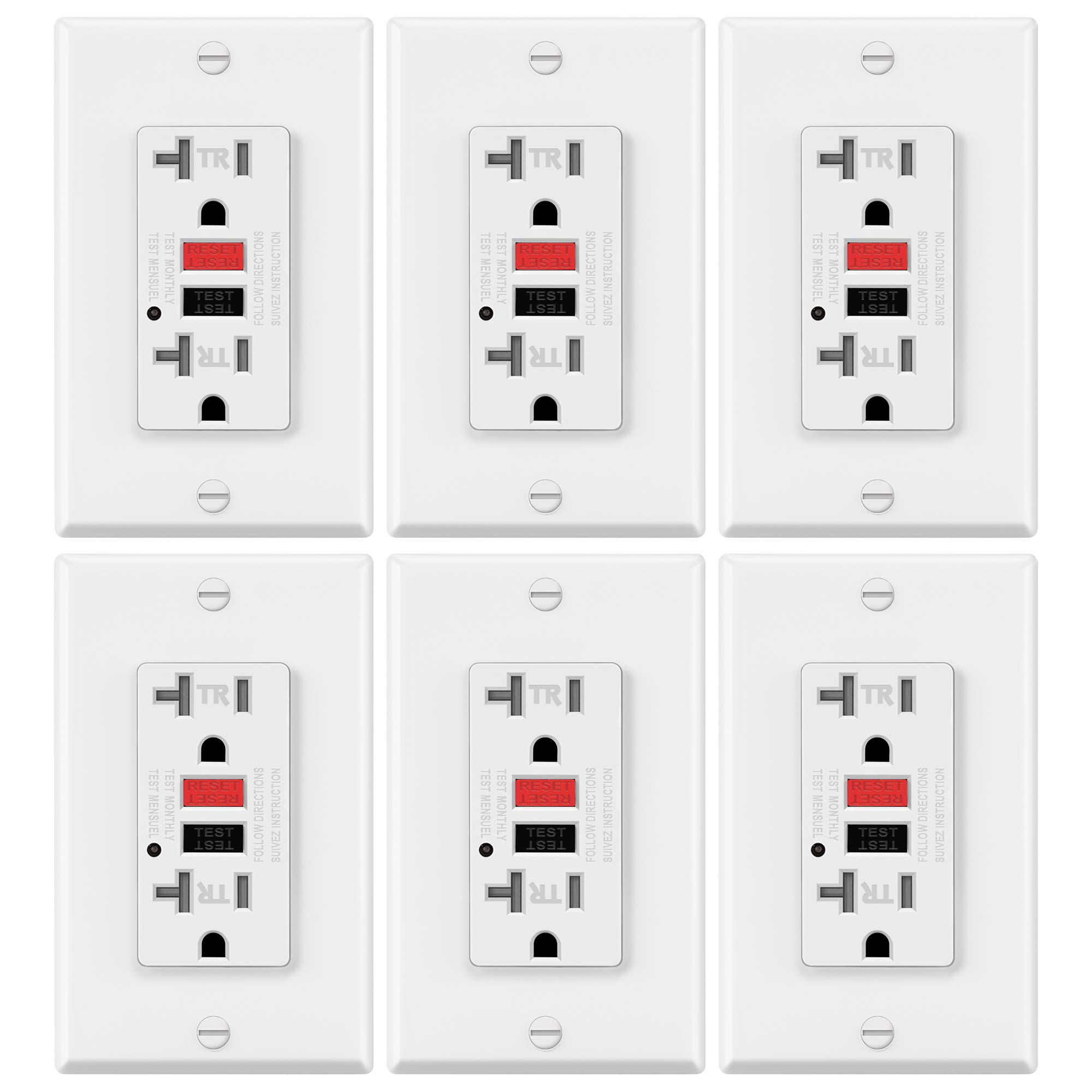 6 Pack - ELECTECK GFCI Outlets Receptacles with LED Indicator, 20A/125V/2500W, Tamper-Resistant (TR), Decorator Wall Plates and Screws Included, ETL Certified, White