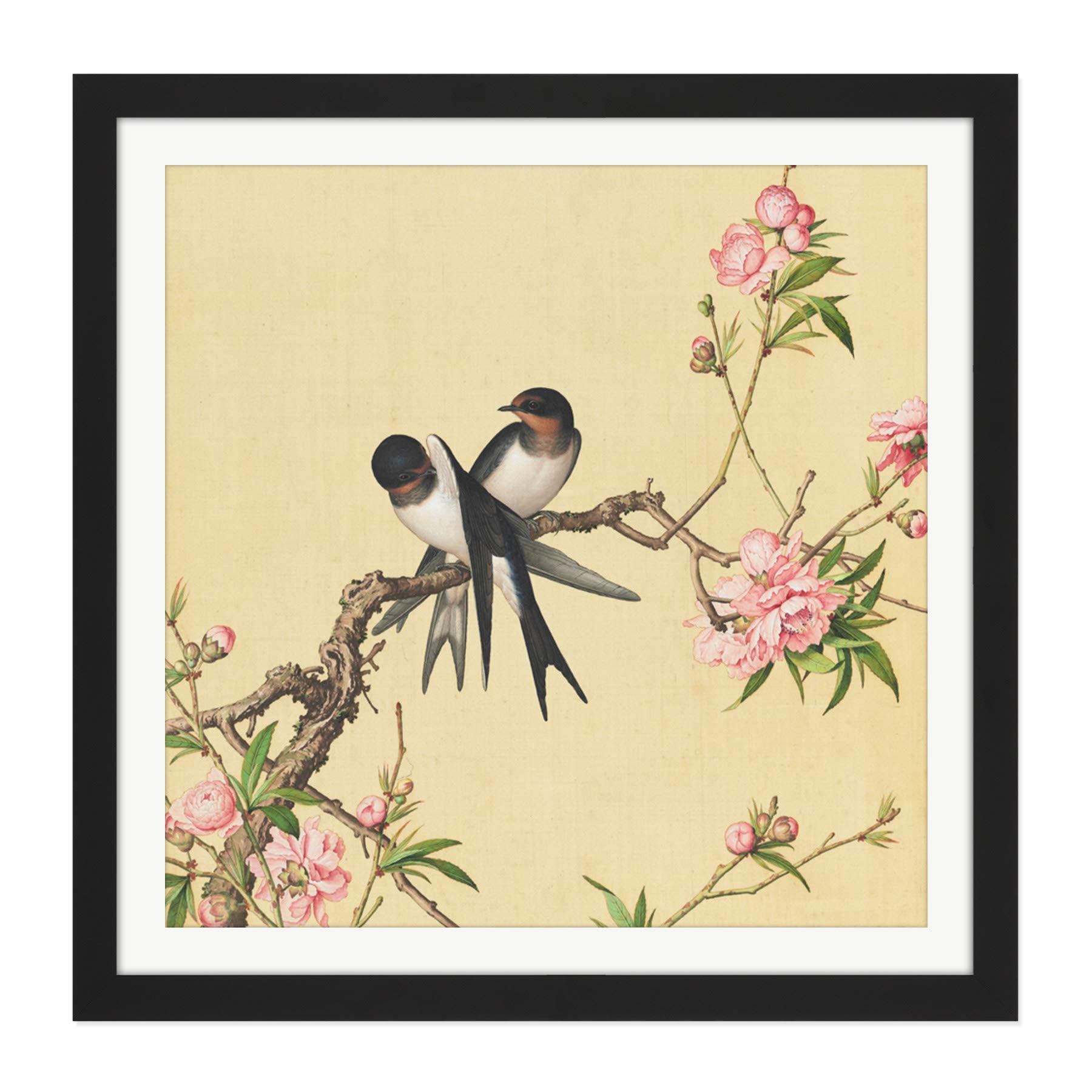 Castiglione Peach Blossom Birds Painting Square Wooden Framed Wall Art Print Picture 16X16 Inch