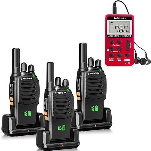 Retekess V112 AM FM Radio de bolsillo portátil y walkie talkies H-777H paquete de 3, receptor M, estéreo de sintonización digital, con auriculares,