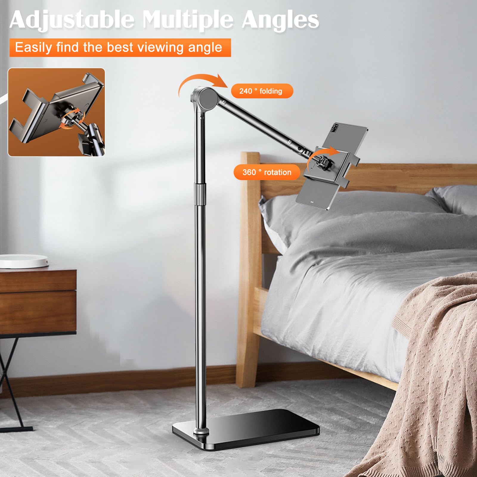 Supporto per tablet, girevole a 360 gradi, regolabile in altezza, in metallo, estensibile, per palestra, letto, iPad, iPhone, Kindle, e-reader (2 segmenti)