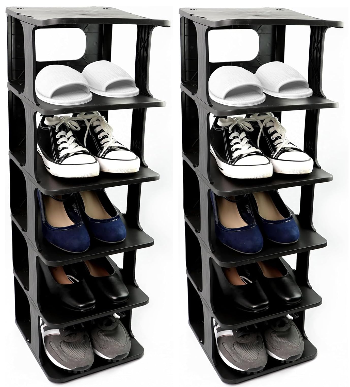 PRADICHI 5-Tier Narrow Shoe Rack, Vertical Shoe Storage Organizer Shelf, Space Saving Shoe Holder Stand for Entryway, Hallway, Bedroom & Closet (Black – Pack of 2)