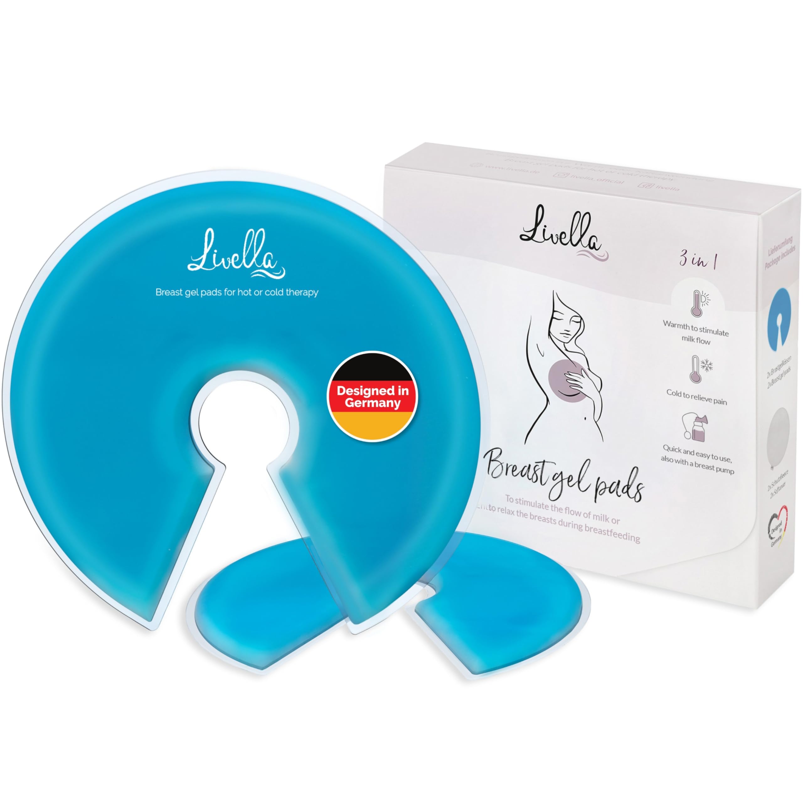 Cuscinetto in gel per il seno Livella 3 in 1 - uso a freddo e a caldo per l’allattamento - Utilizzabile con il tiralatte - Dona sollievo e stimola il flusso del latte - 2 pad e 2 custodie protettive