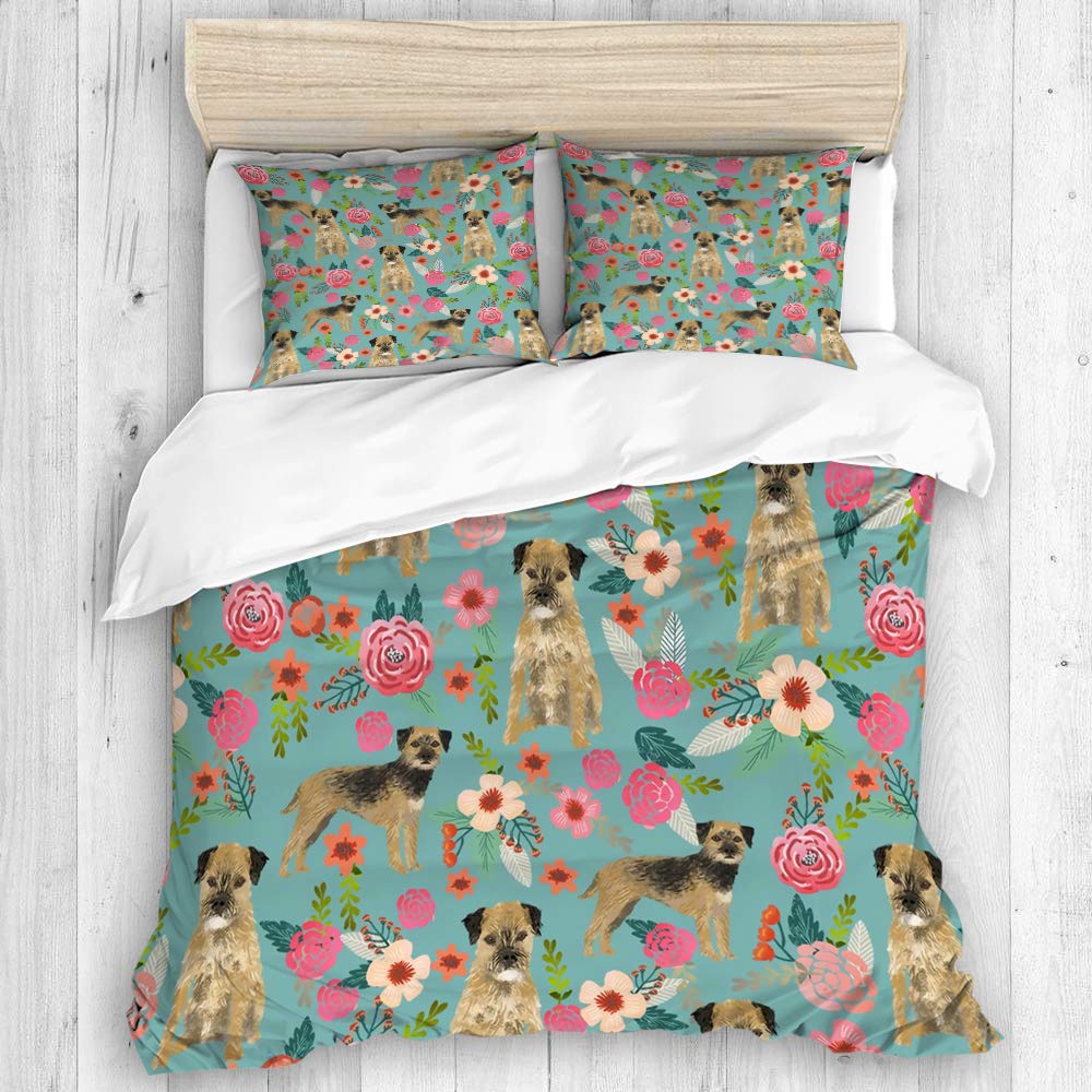 DAHALLAR bedding-Duvet Cover Set,Border Terrier Florals Dog,Microfibre 200x200 with 2 Pillowcase 50x80,Double