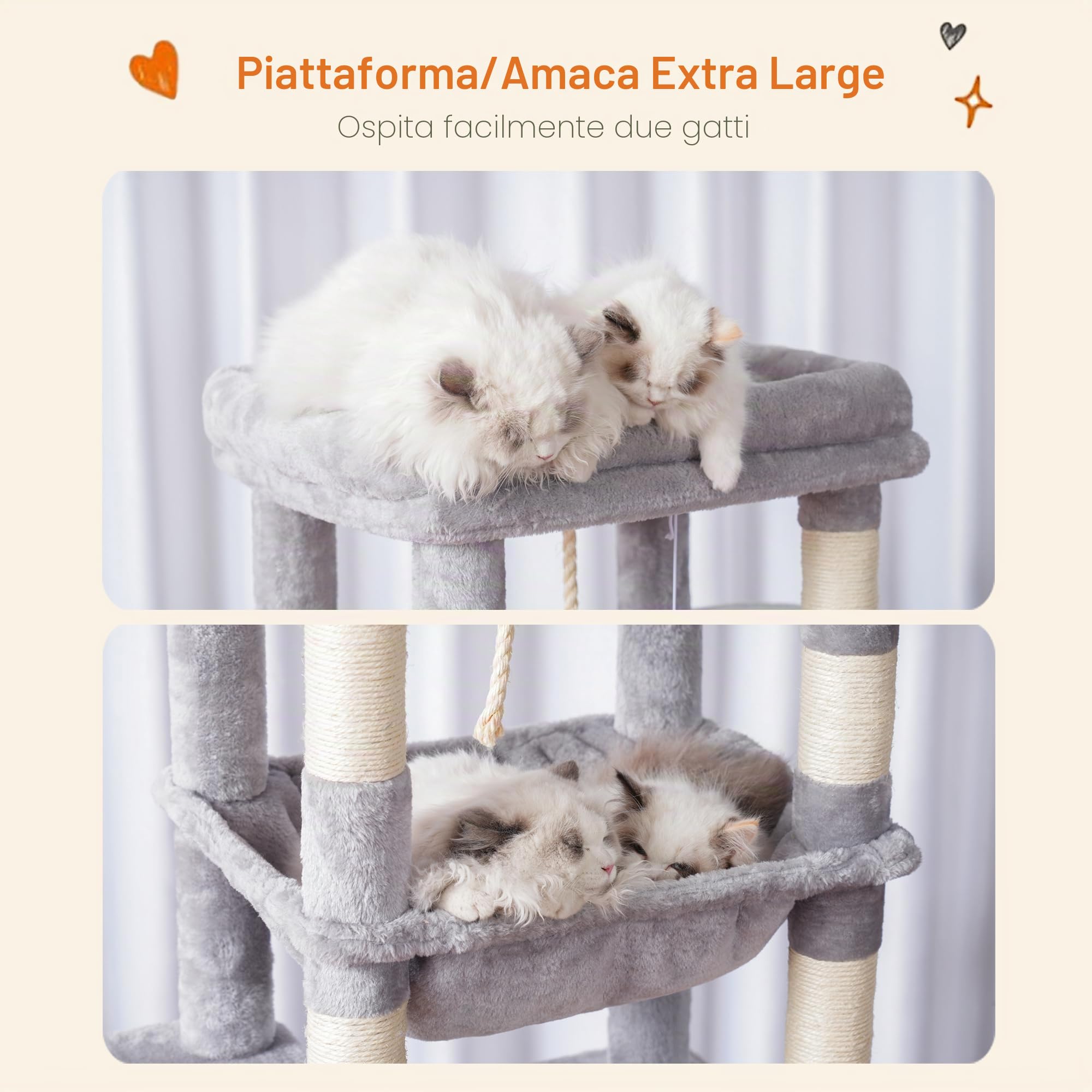 Heybly Albero per Gatti, Tiragraffi per Gatti da Interno 153 cm, Multilivelli con 1 Grotte, 1 Cestini, 7 Graffiatoi, Trespolo, Amaca, Pompon, Grigio Chiaro HCT050W