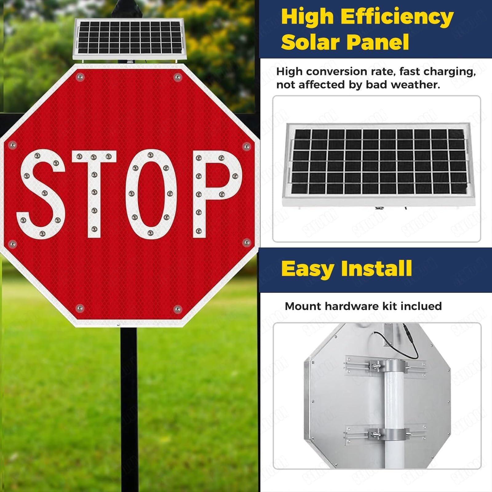 Señal de Stop de 60 cm (24") con Energía Solar, Luz de Stop Intermitente LED, Señal de Tráfico Octogonal, Película Reflectante de Grado Ingeniero - Ideal para Entradas de Vehículos y Escuelas