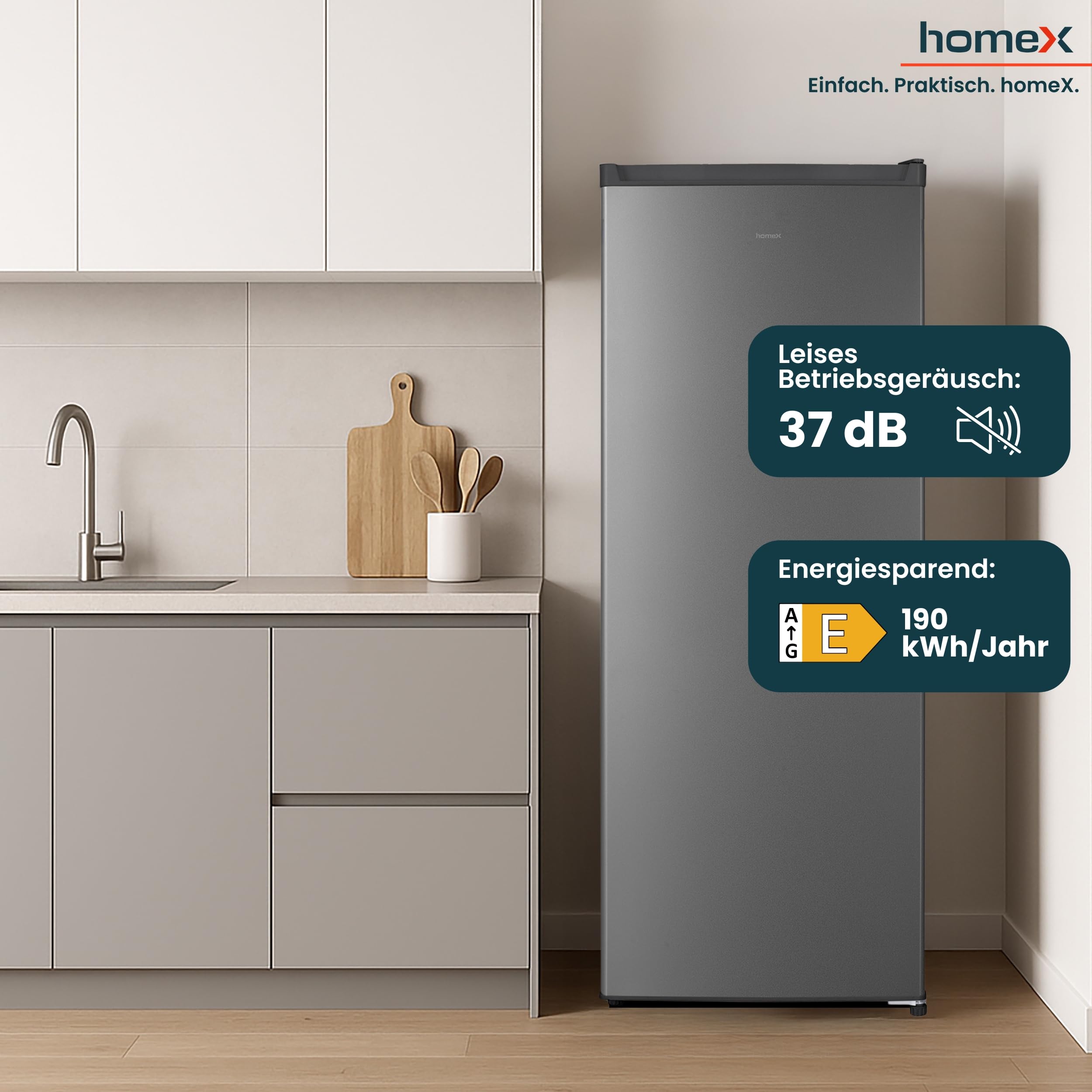 homeX FS1682E-S Gefrierschrank Tiefkühlschrank groß 168L Nutzinhalt silber | 4-Sterne Gefrieren, Freezer, Gefrierschränke freistehend, Temperaturregelung, wechselbarer Türanschlag, leise 37 dB