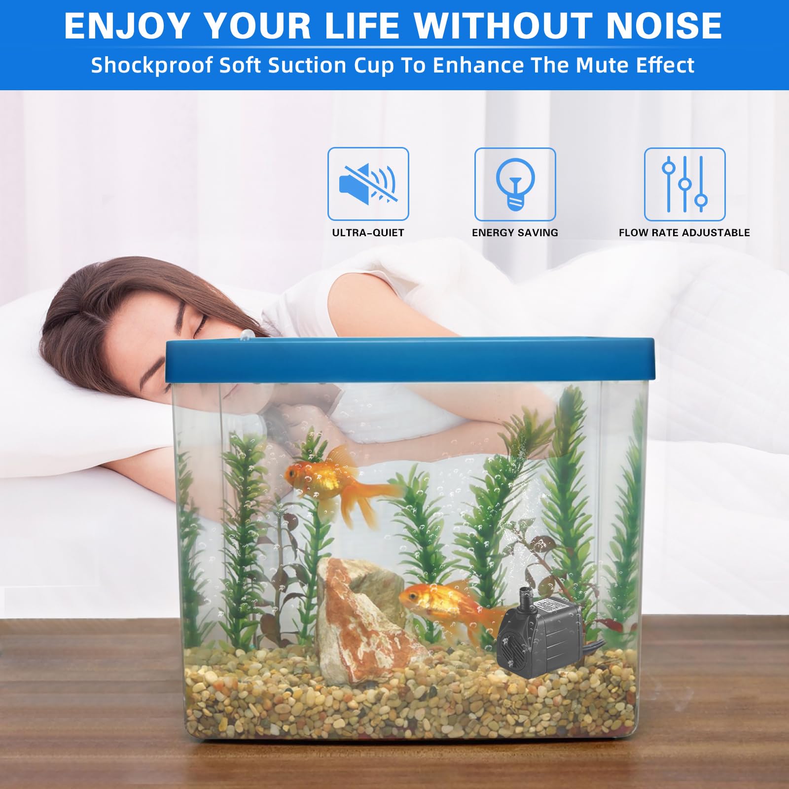 Bomba Acuario Bomba Agua Belen Mini (2500L/H, 45W) Bomba Fuente de Agua con Altura MáXima de Pulverización de 2.7m Ventosas En La Parte Inferior Cable de Enchufe de 2m con 3 Boquillas