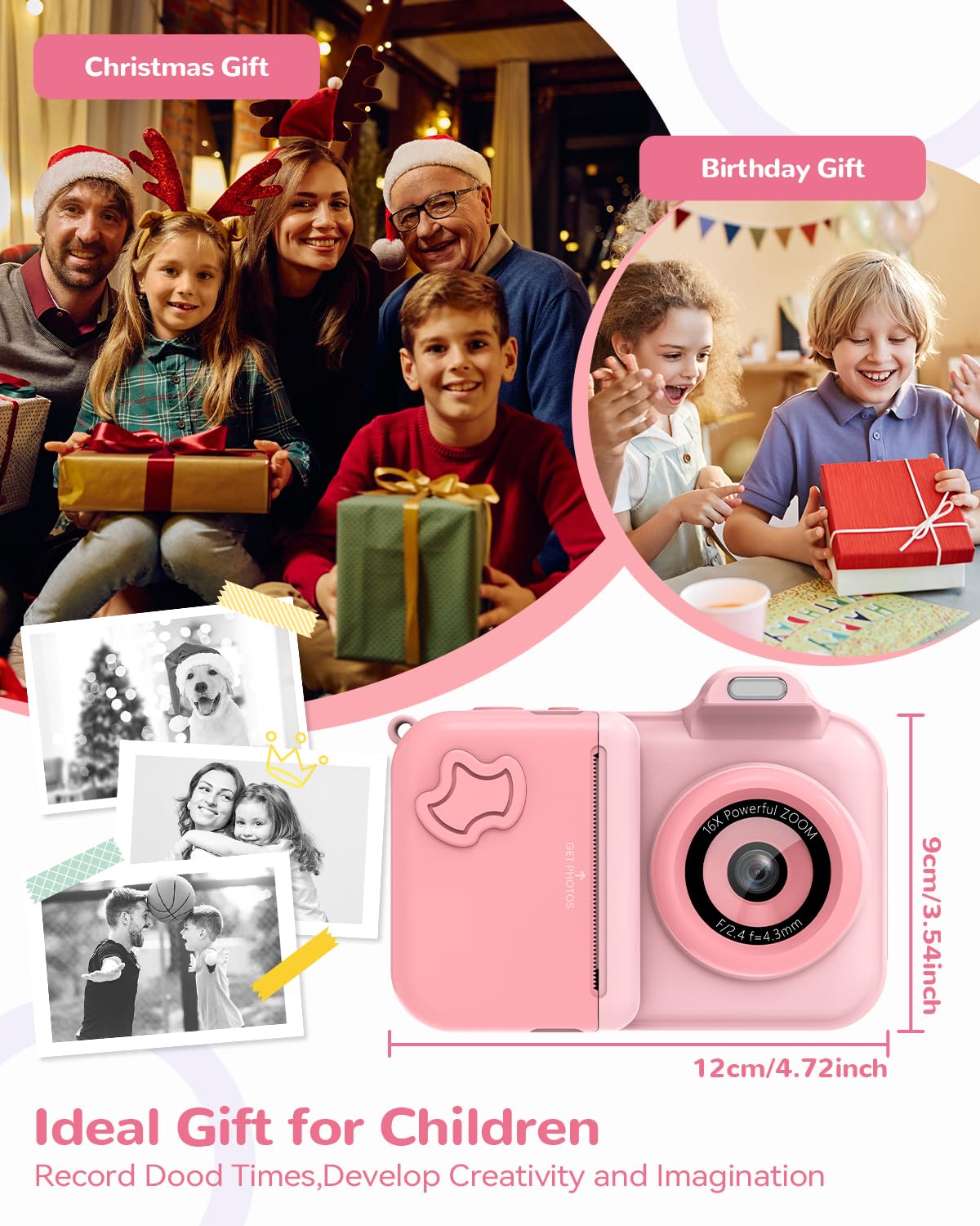 Camara Fotos Infantil Instantanea, 2,4'' Cámara Digital con Camara Dual, 24MP/1080P HD Video Cámara, Tarjeta 32GB, 5 Rollos Papel de Impresión, Regalos Juguete para Niños y Niñas de 3-8 Años Rosa