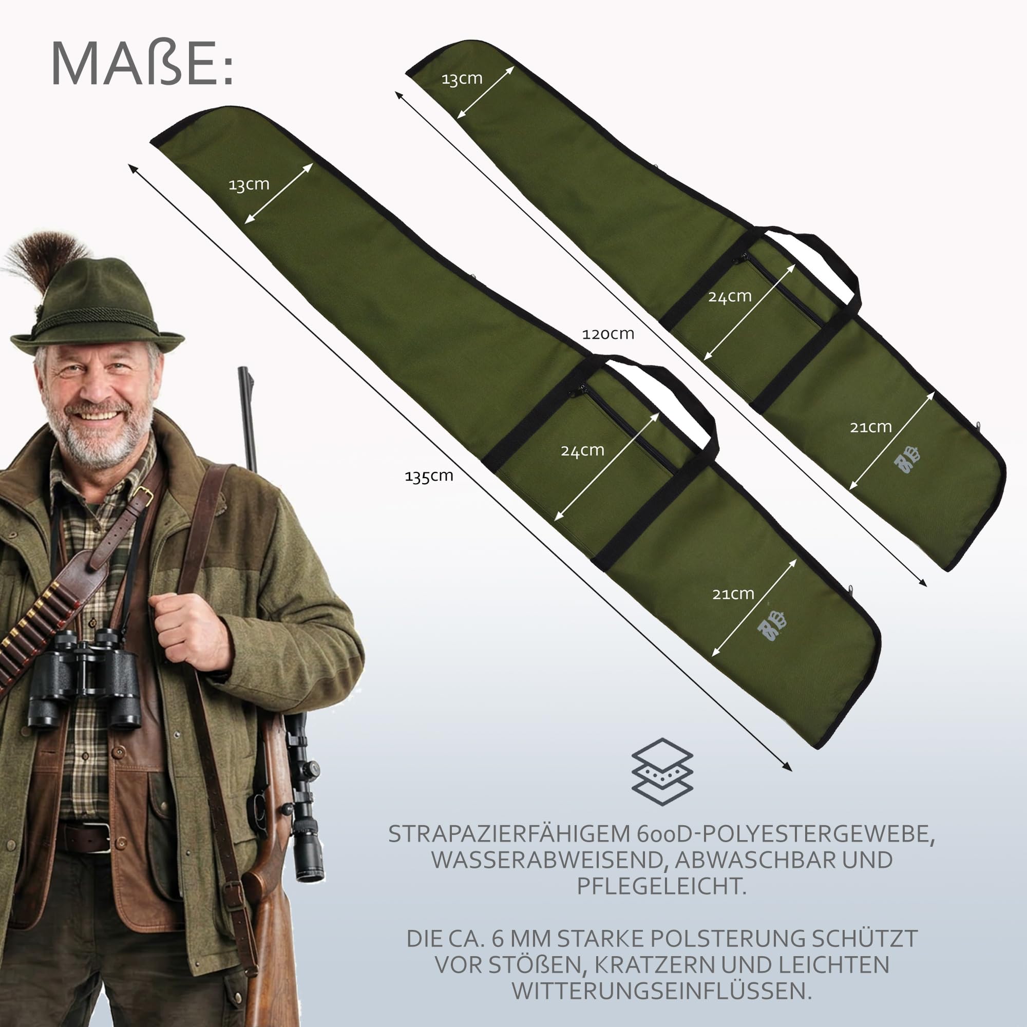 Rawstyle Waffentasche 135 cm gepolstert – Gewehrtasche für Luftgewehr oder Jagdgewehr mit Zielfernrohr – Wasserabweisende Transporttasche mit Schulterriemen + 2 Außentaschen
