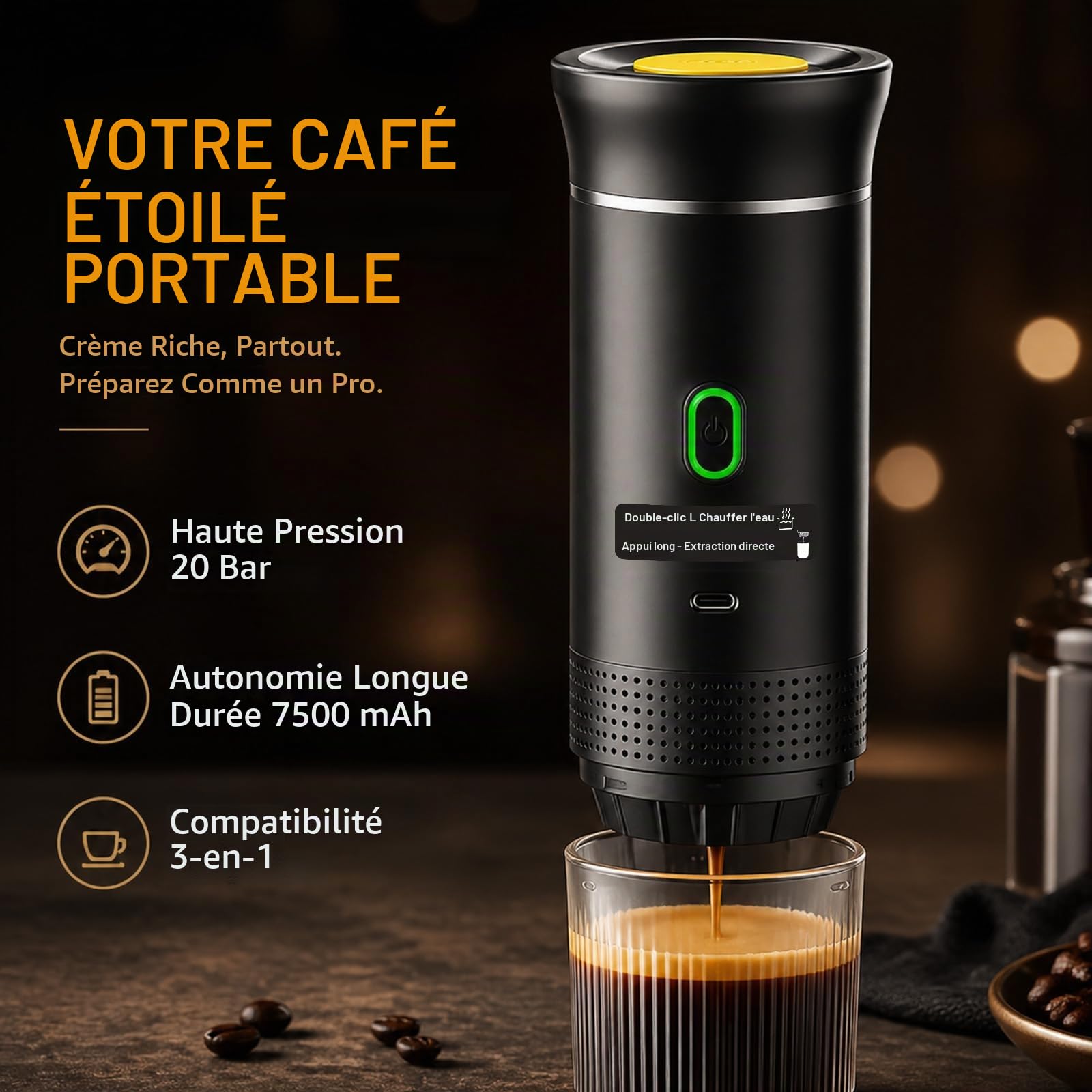 Machine a Cafe Portable, 3 en 1 Cafetiere Portable Rechargeable Compatible avec Capsules Espresso et Poudre de Café, Chauffage Électrique, Rechargeable, pour Camping Bureau Maison Voiture
