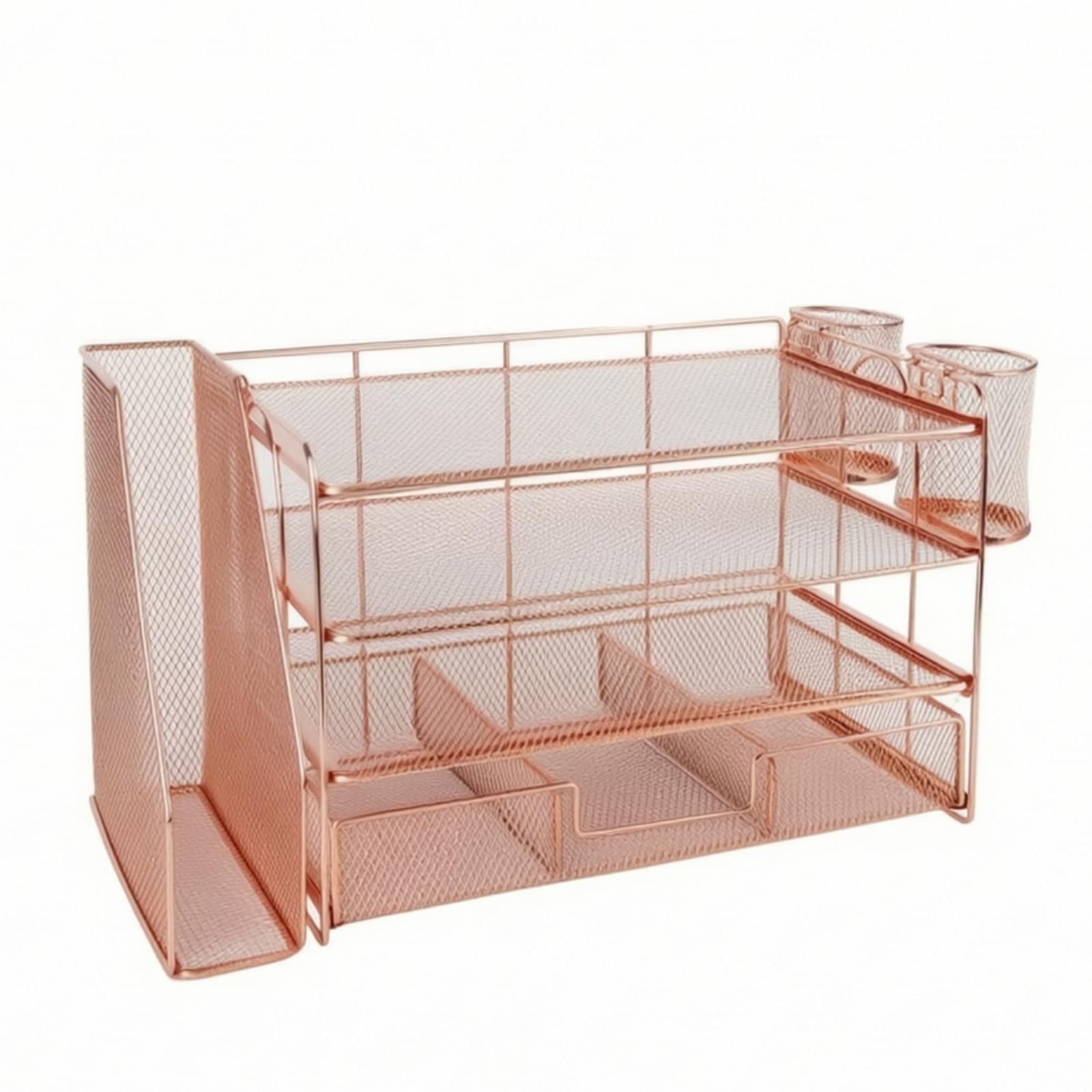 Qianly Organizzatore in Filo Metallico con Scomparti Multistrato Scaffale da Scrivania a 4 Ripiani Robusto Vassoio Portadocumenti per Ufficio, Rose Gold