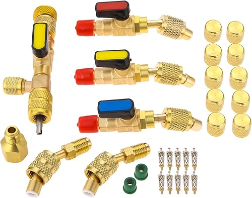 R410A R22 Kit de herramientas de instalación de removedor de núcleo de válvula con puerto de doble tamaño de 1/4 "5/16", adaptador de válvula de