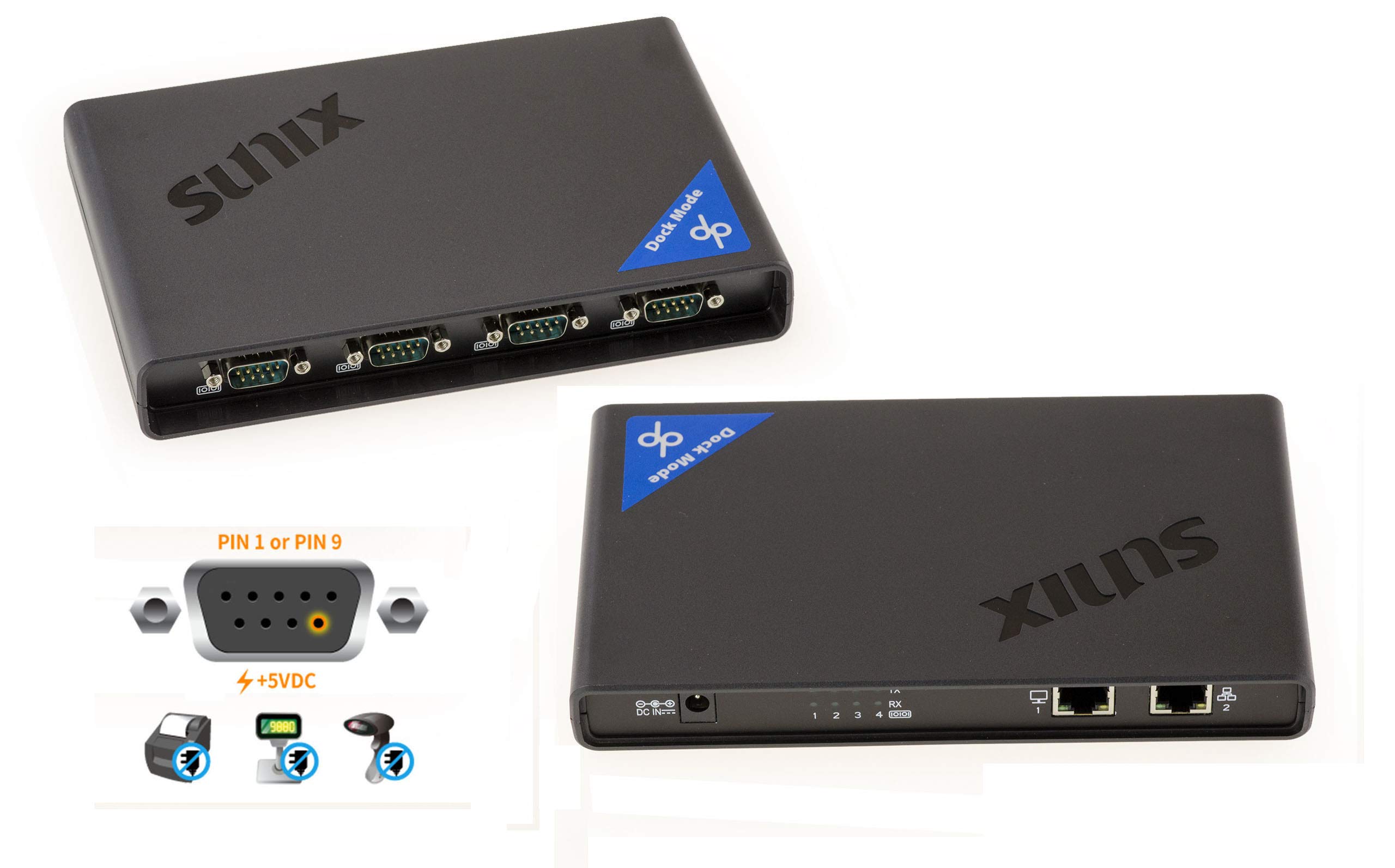 KALEA-INFORMATIQUE Dock Convertisseur Industriel Ethernet RJ45 TCP IP vers 4 Ports série RS232 DB9 avec POS 5V. Chipset SUNIX DPL2000Q (DPKS04HP0)