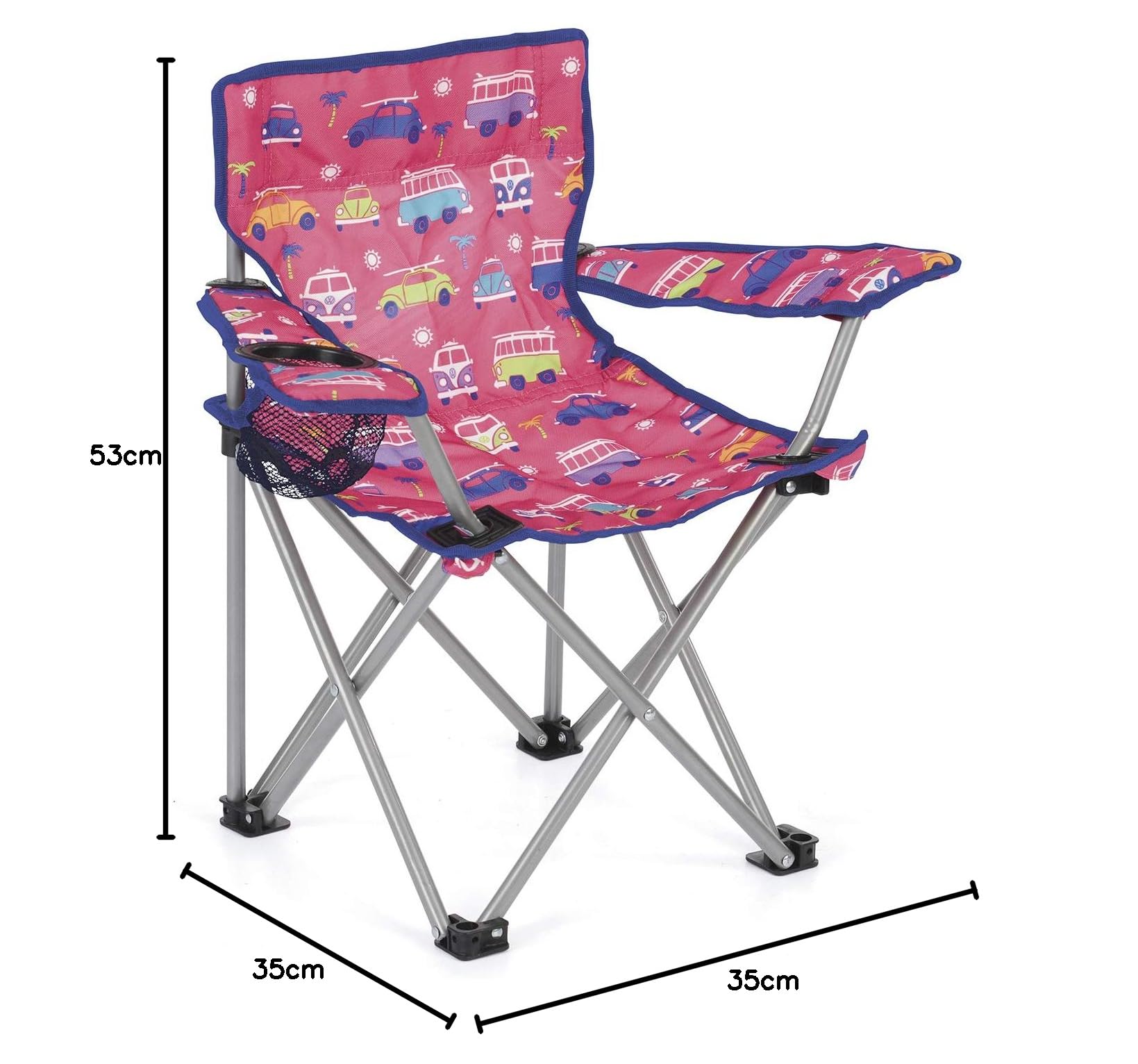 Volkswagen - Sedia pieghevole da campeggio per bambini, con bracciolo, con autobus T1 e scarafaggio, 53 cm (Samba & Beetle/Rosa)