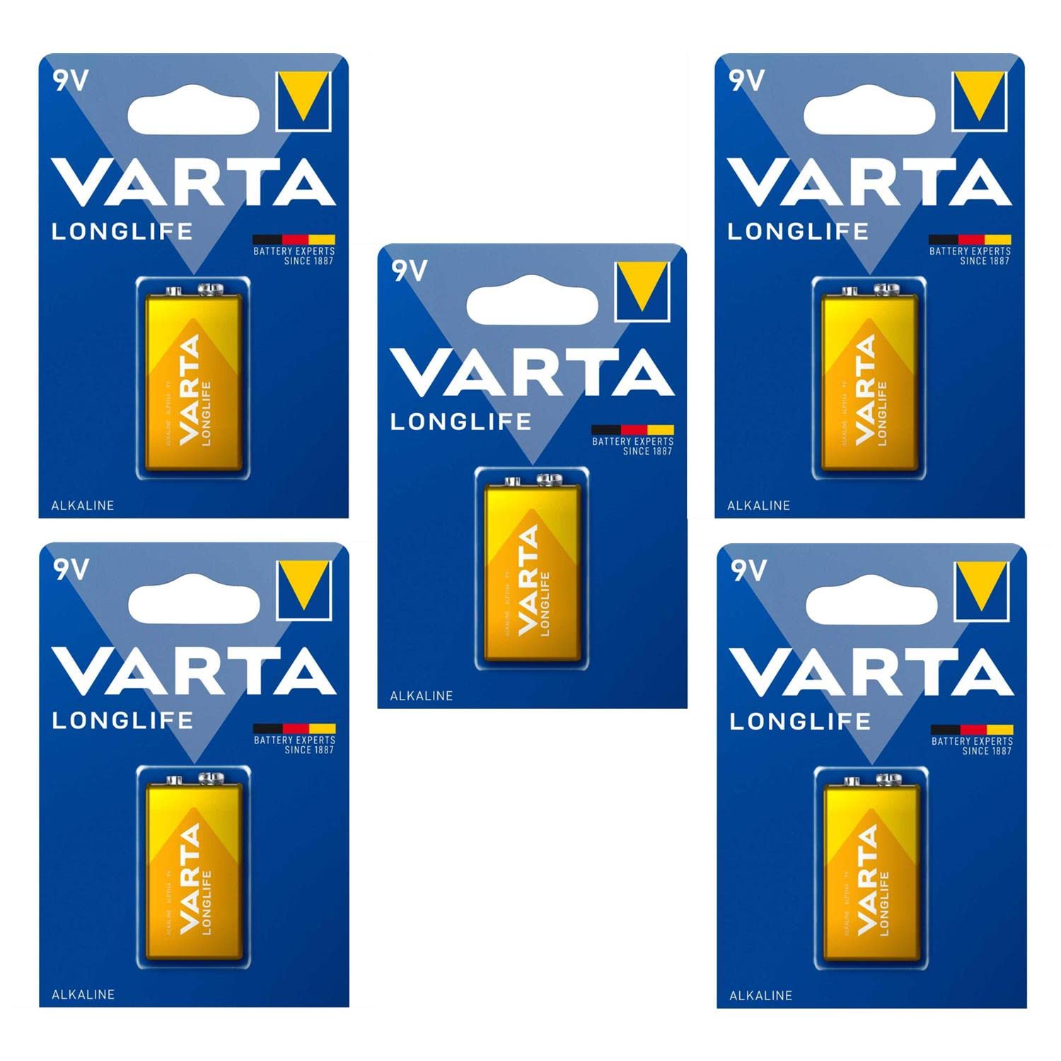 VARTA Lot de 5 Blisters de 1 Pile alcaline LONGLIFE E-​Bloc (6LR61) 9V