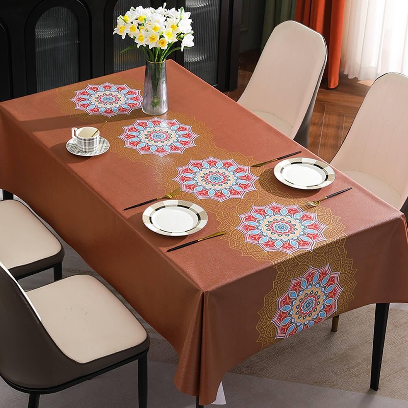 Nappe rectangulaire 140x220 cm en PVC imperméable antitache à motifs de fleurs pour table de pique-nique