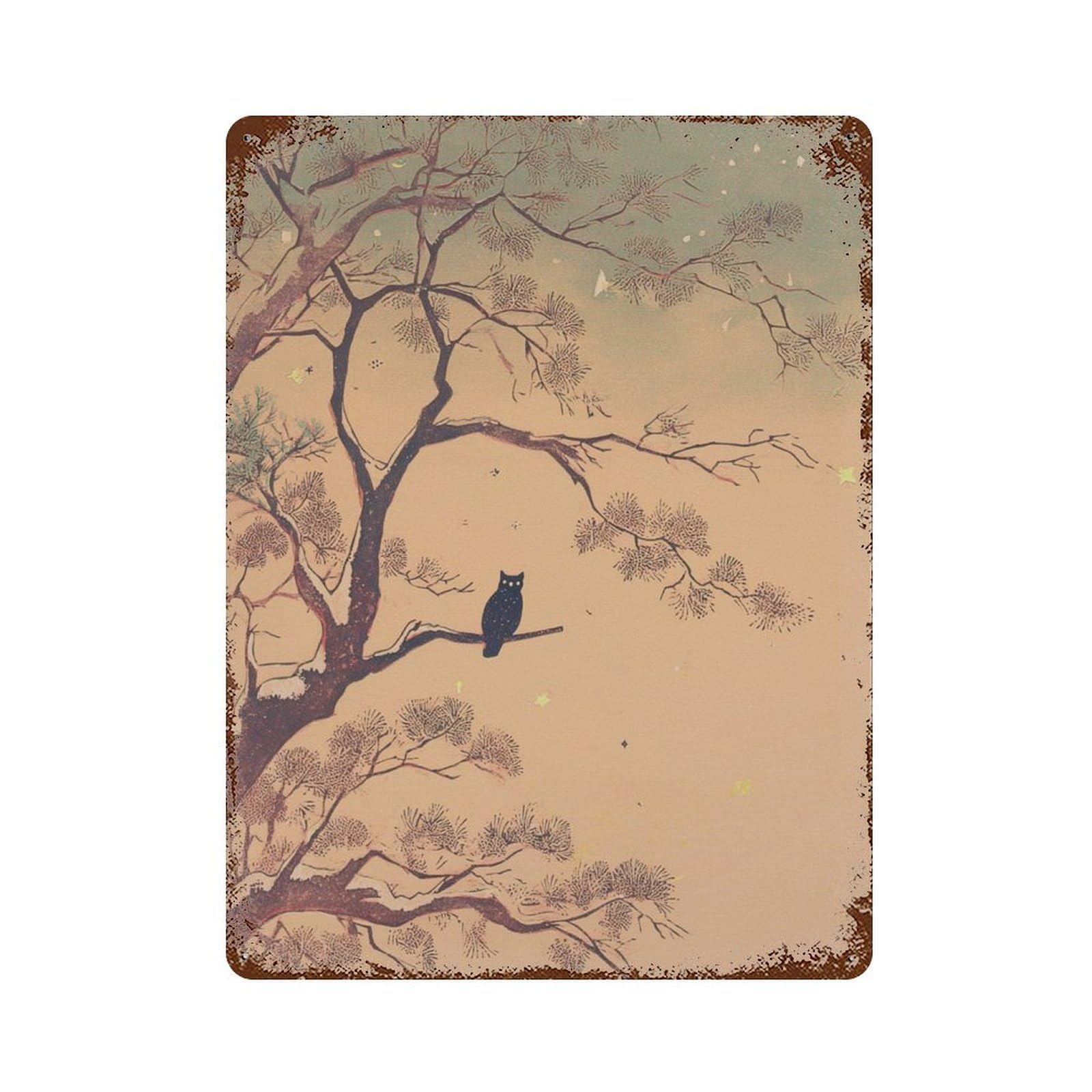 xiaoxiaoshen Owl on Pine Branch Moonlit Forest Japanese Woodblock Style Zen Night Nature Cele Wall Decor Art Metal Tin Poster Modern Home Decor Art Home Bar Shop Decorations Vintage Sign 40x30cm