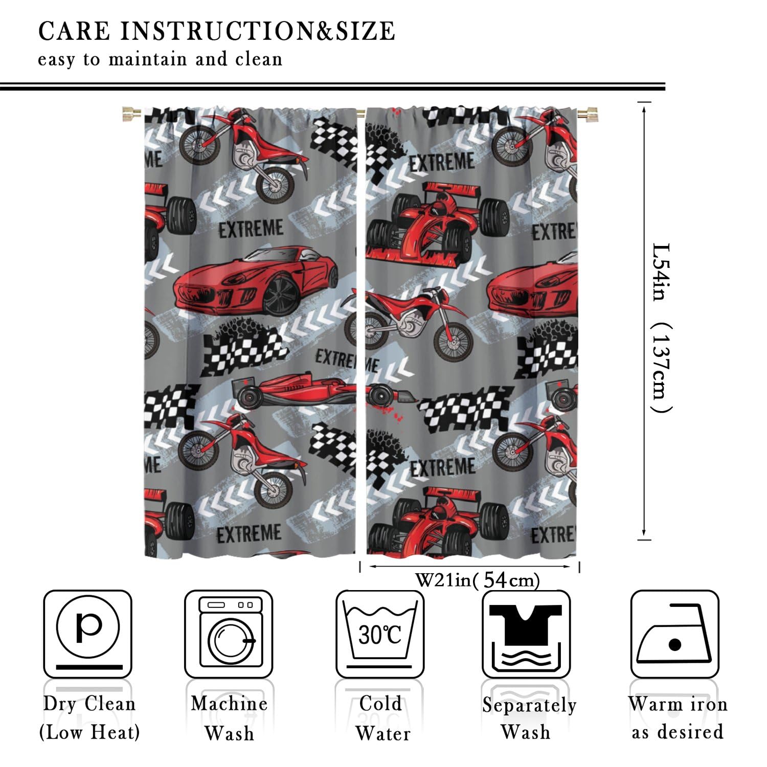 BATPLY Cartoon Speed Racer Curtains, Seamless Pattern Sports Car Motorcycle Automobile Race for Boys, Thermal Insulation Blackout Rod Pocket Window Drapes for Living Room Bedroom Bathroom 42x54 Inch