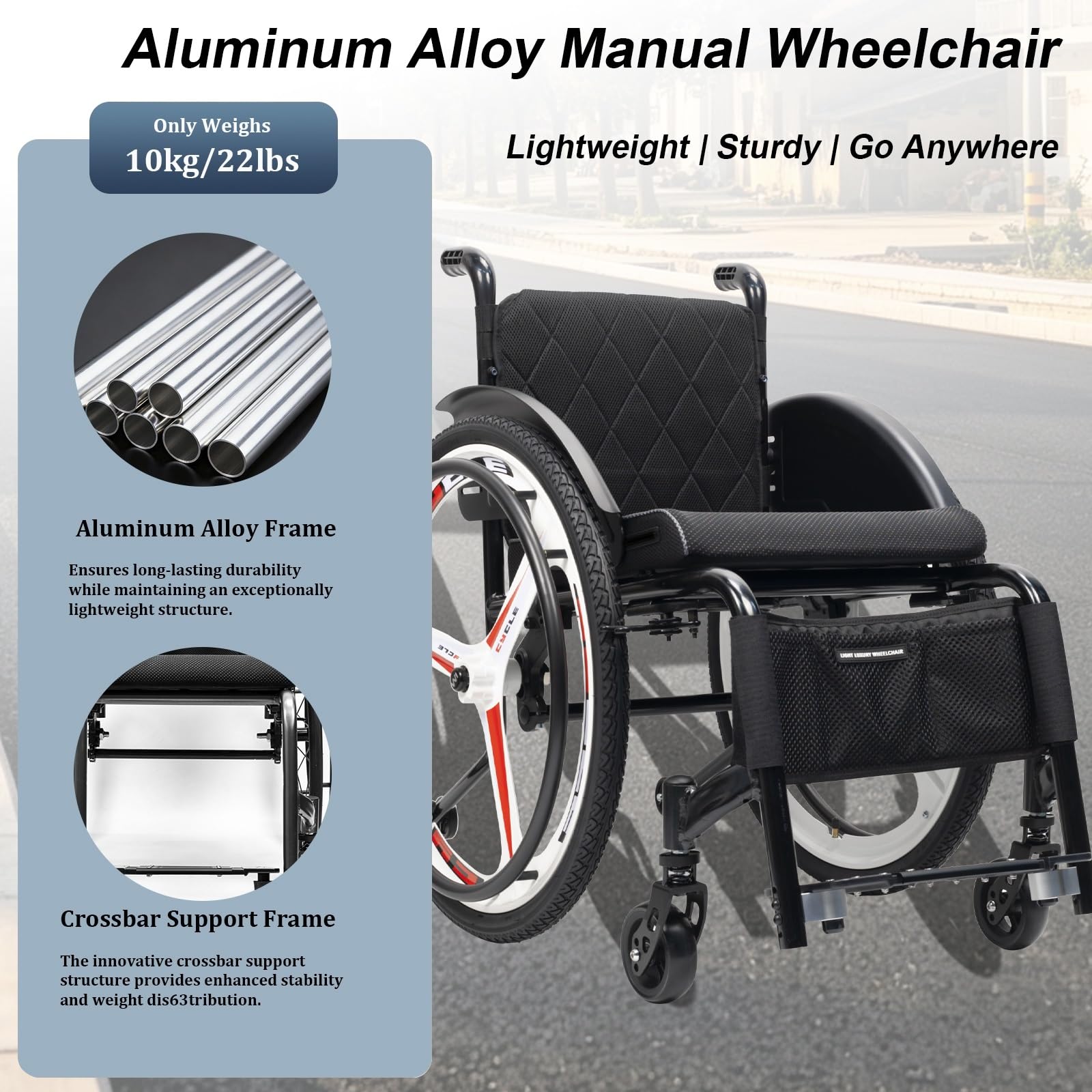 Lekki aluminiowy wózek inwalidzki, podnoszenie, podłokietniki podróżne, samojezdny, zdejmowany podnóżek (A, 38 cm/14,9 cala)