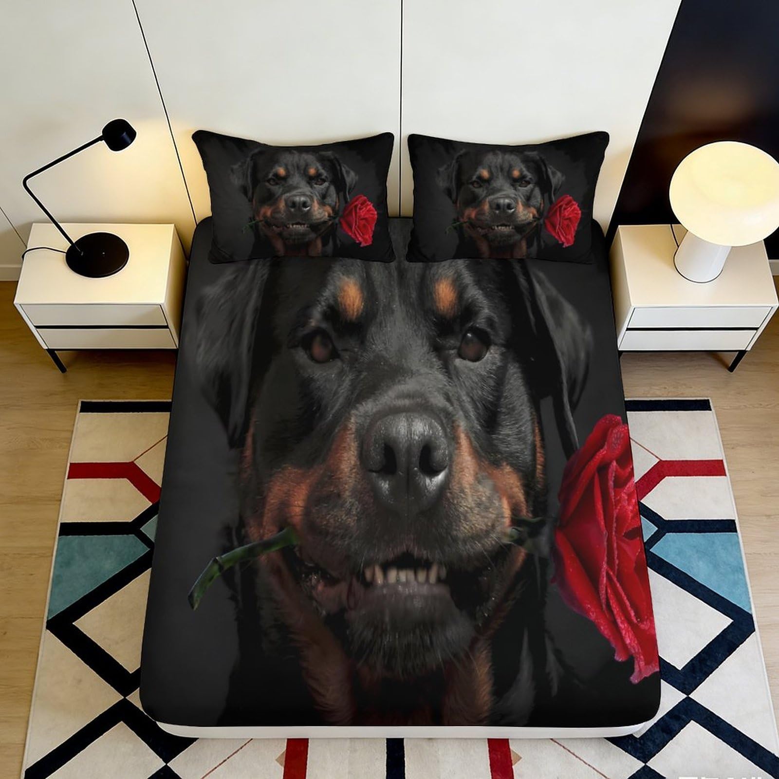 3D Printed Rottweiler Dog Rose Fitted Sheet Microfiber Black Bed Cover Anti-Slip Machine Washable Bedroom Decor 90x200x25cm