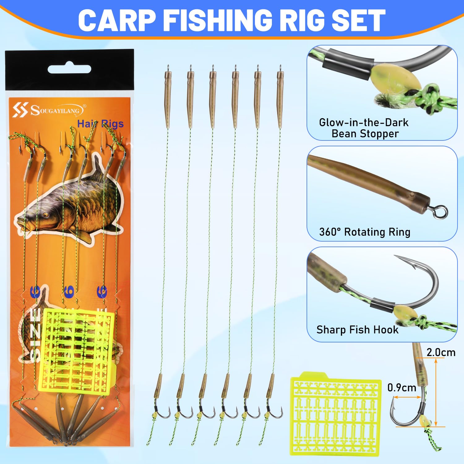 Sougayilang Ensemble de pêche à la carpe, 3 cannes de 3,3 m + moulinets série 4000, détecteurs de morsure, support de canne réglable, kit complet pour lacs et rivières à la carpe