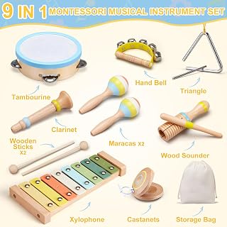Ehome Montessori Wooden Musical Instruments Set for Toddlers 3-5 | 9-Piece Percussion Kit with Xylophone, Drum, Boho Neutral Toys & Bag