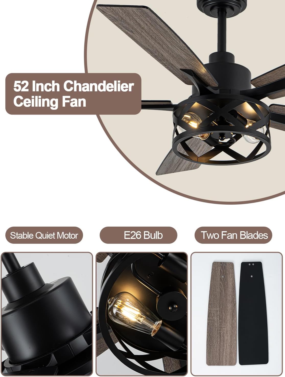 52 Inch Farmhouse Ceiling Fan with Light and Remote Industrial Ceiling Fan Quiet and Reversible DC Motor Rustic Caged Chandelier Fan for Living Room Bedroom Patio