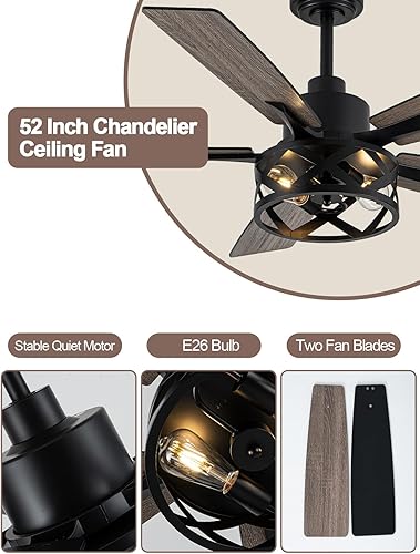 Miniatura 5 de Ventilador de techo de 52 pulgadas con luz y control remoto, ventilador de techo industrial silencioso y reversible, motor de corriente continua,