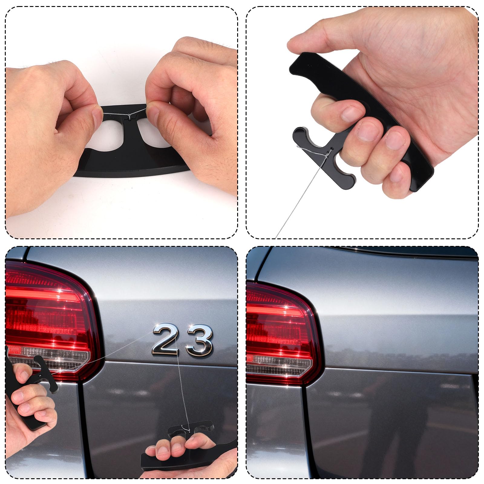 Penitue Herramienta de extracción de emblemas de coche, removedor de insignias de línea de placa con línea de nailon de repuesto, mango ergonómico, herramienta de desinsignia para logotipos de