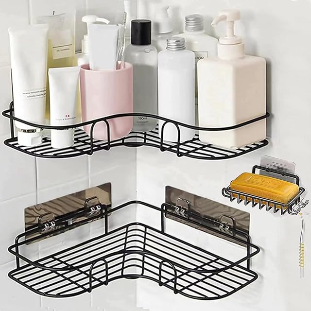 CHRERNA Bathroom Corner Shower Caddy,Shower Organizer Storage,No Drilling Shower Shelves Shower Racks with Rustproof Stainless Steel and Adhesive Sticker for Kitchen & Bathroom Accessories