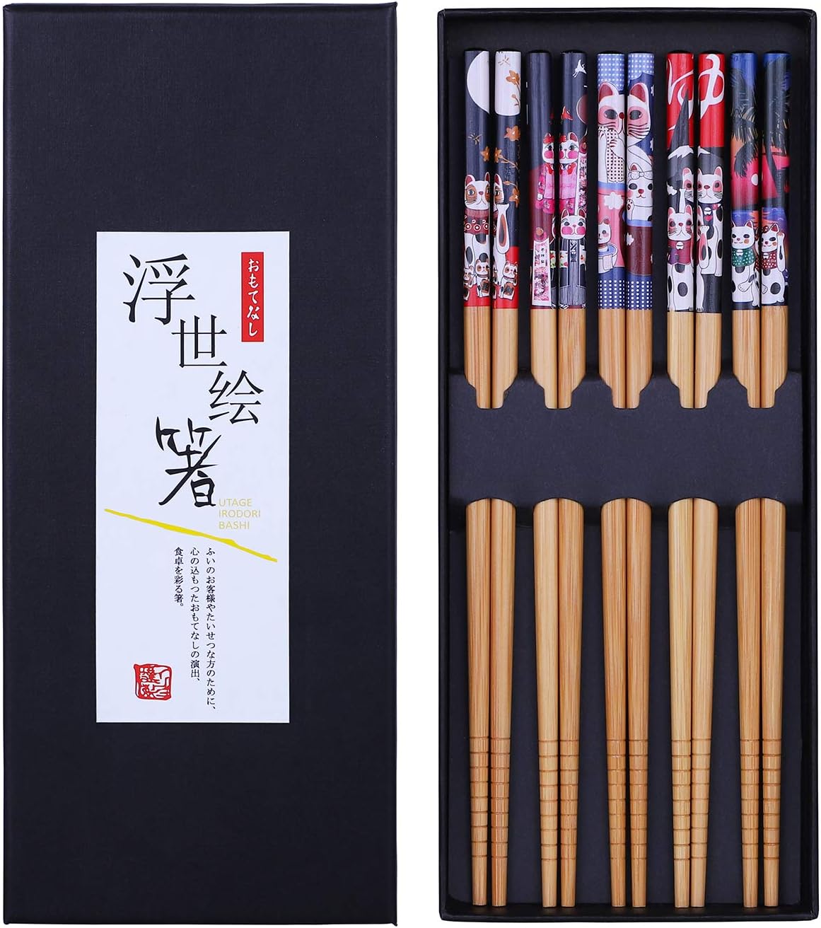 Antner Bamboo Chopsticks Gift Set 5 Pairs Japanese Style Reusable Natural Bamboo Chopsticks