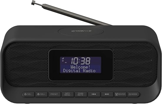 Groov-e Zeus DAB & FM Clock Radio - Dual System Alarm Clock with Bluetooth Connectivity, Wireless Charging, USB Charging Port - LCD Display - Mains Operated - 60 Preset Stations - Black