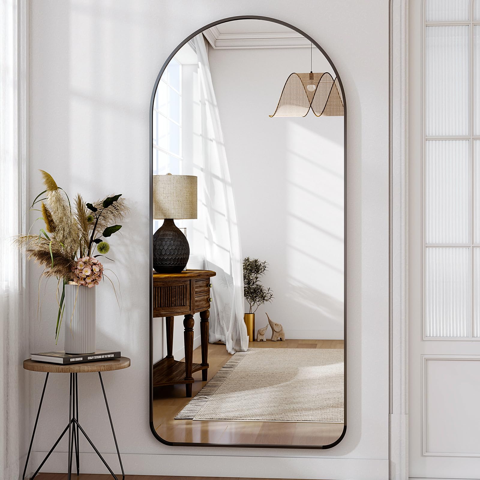BEAUTYPEAK 171x76 cm Espejo de cuerpo completo curvo con esquinas redondas, espejo grande de pie, para colgar o inclinar, espejo de suelo, negro