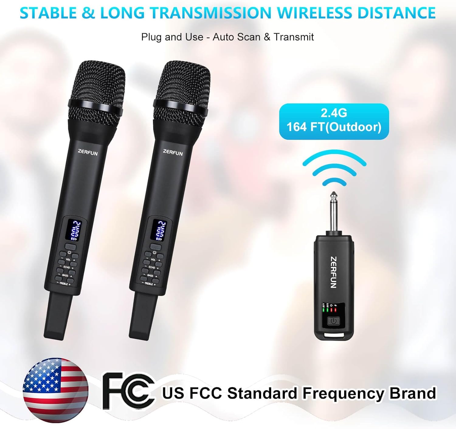 Dual Rechargeable Wireless Microphones, Pro Handheld Cordless Mics System with Echo Treble BASS VOL Control for Karaoke Singing Church Party, 1/4'' Output, Black - Image 5