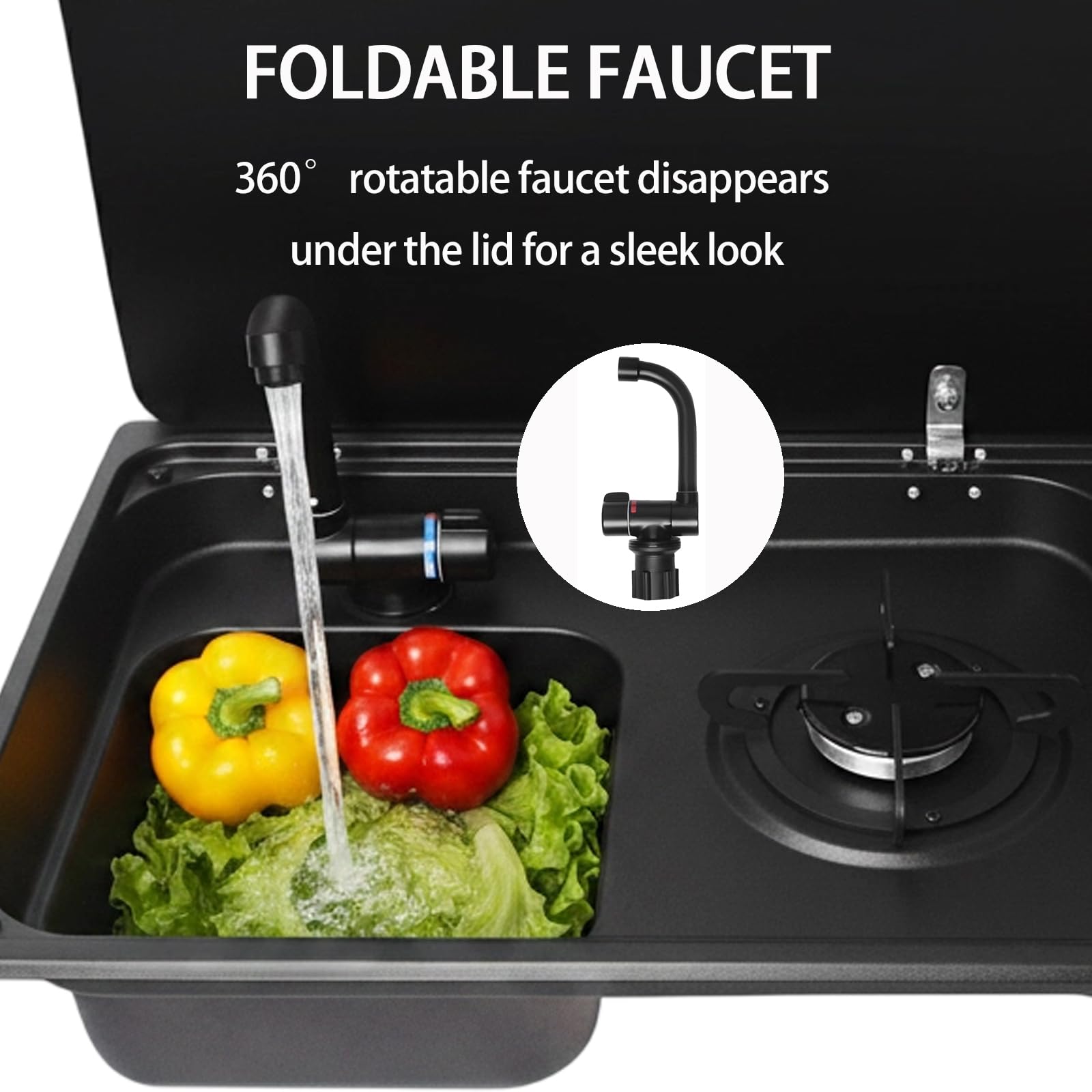 Fornello a gas e lavello per camper combinato con coperchio in vetro temperato in acciaio inossidabile a bruciatore singolo unità da cucina integrata camper barca stazione di lavaggio compatta con