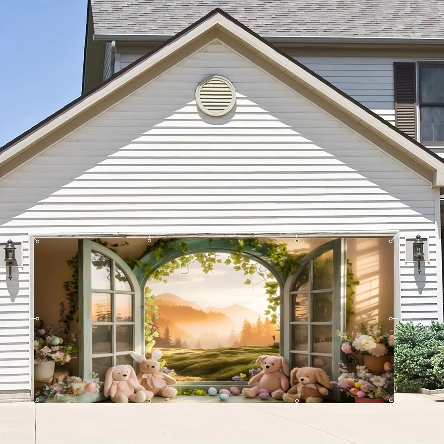 Spring Easter Garage Door Decorations 7x16ft Spring Garden Garage Door covers Happy Easter Backdrop Window Bunny Eggs Background Large Easter Garage Door Cover Outdoor Indoor Decor
