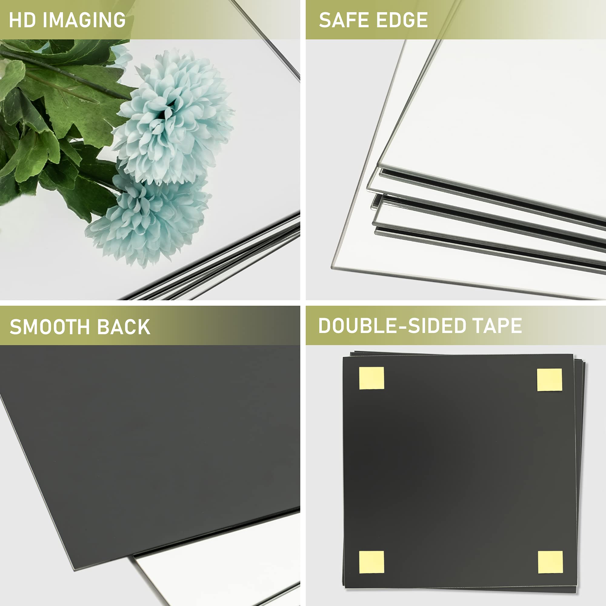 pentaQ Full Length Mirror Tiles 4 Pack, 12x12 Inches, High Definition
