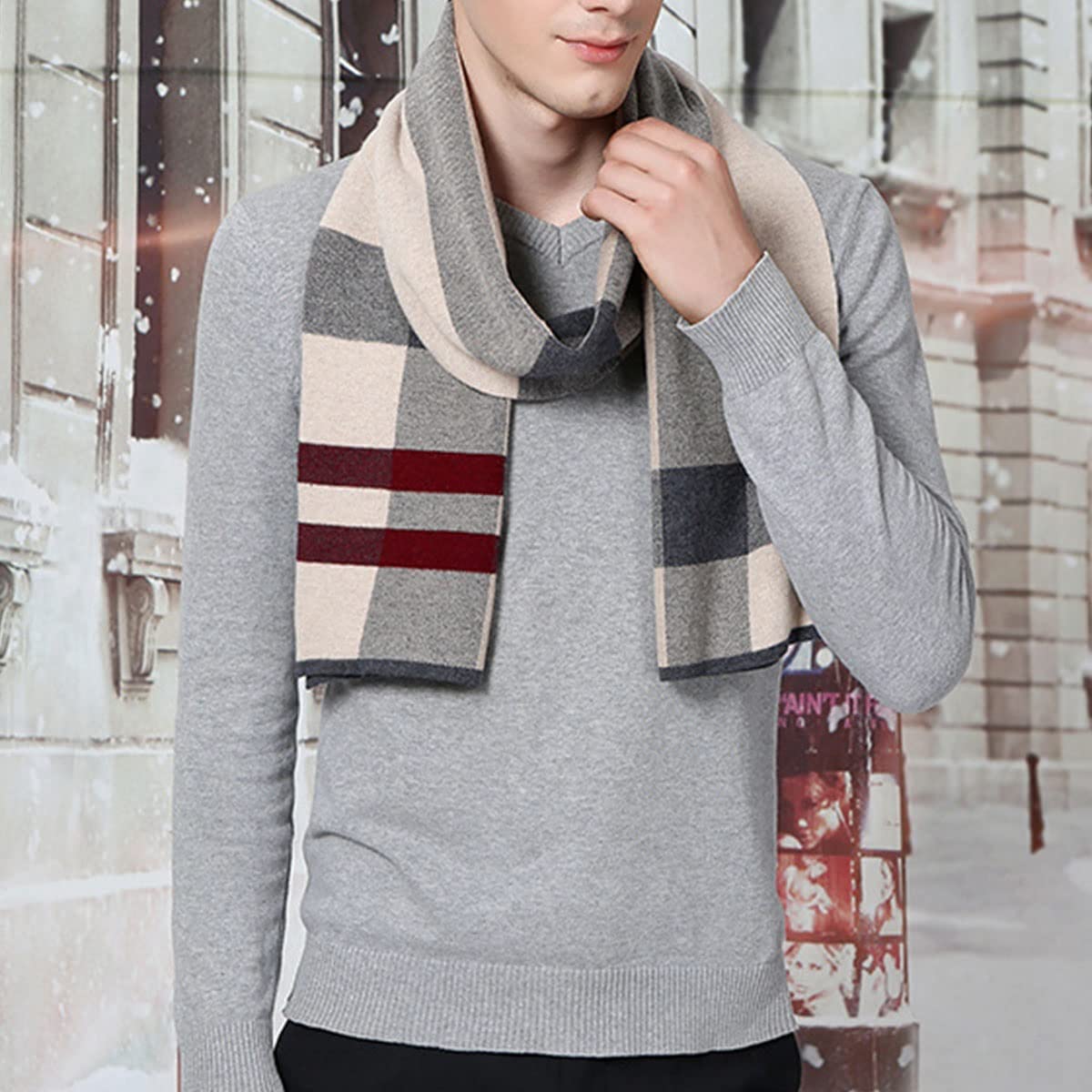 Sciarpa in pura lana, sciarpa lunga in morbido cotone scozzese in cashmere caldo invernale leggero da uomo