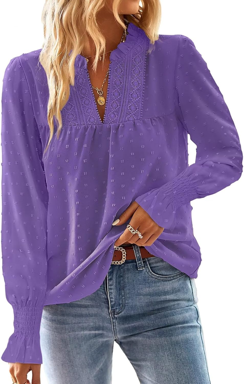 Womens Tops Butterfly Sleeve V Neck Blouses for Women Flowy Swiss Dot Ruffle Dressy Casual Long Sleeve Shirts