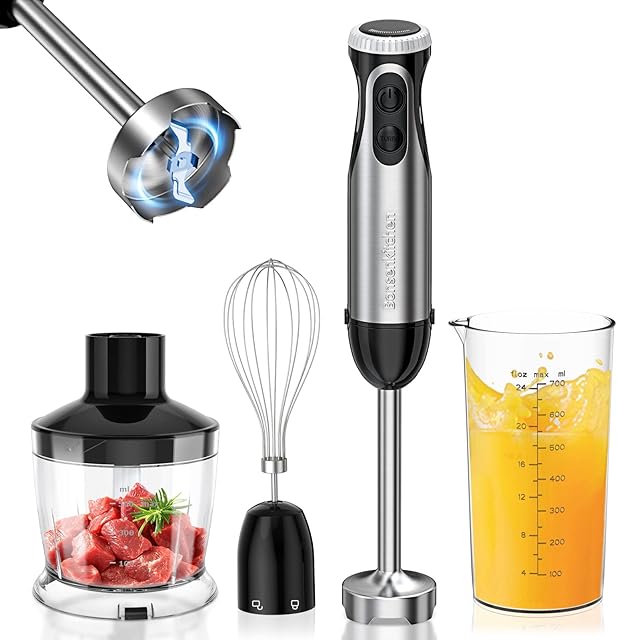 Bonsenkitchen HB3203 elektryczny blender immersyjny, blender ręczny 4 w 1, 1000 W, bezstopniowa prędkość, stal nierdzewna, trzepaczka, rozdrabniacz 500 ml i kubek z miarką 700 ml (czarny)