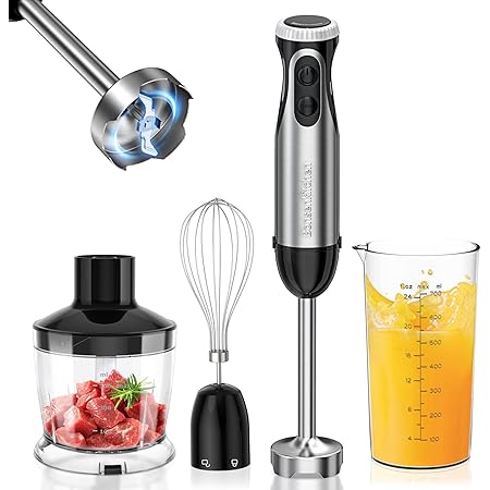 Bonsenkitchen Immersion Blender, 20 Variable Speeds & Turbo, 4-In-1 Stainless Steel Handheld Blender Stick Mixer with Egg Whisk, Beaker & Chopper Bowl