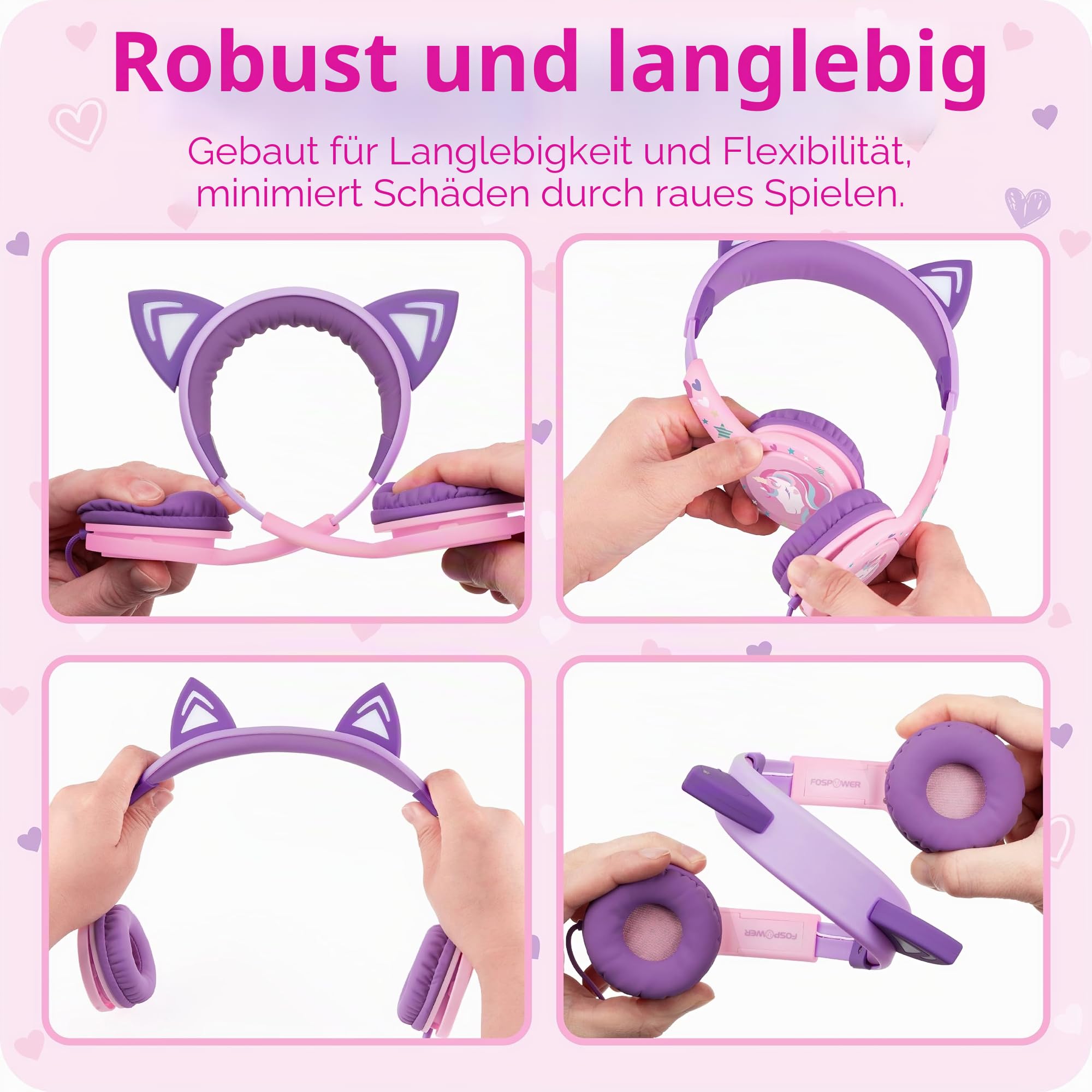 FosPower Bedrade 3.5mm Kinderkopfhörer mit LED Katzenohren - Babyblau | Kompatibel mit iPad und Tablet. On-Ear Kopfhörer mit Trasselfri Kabel und 85dB Volymbegränsning für Schule, Rosa Lavendel