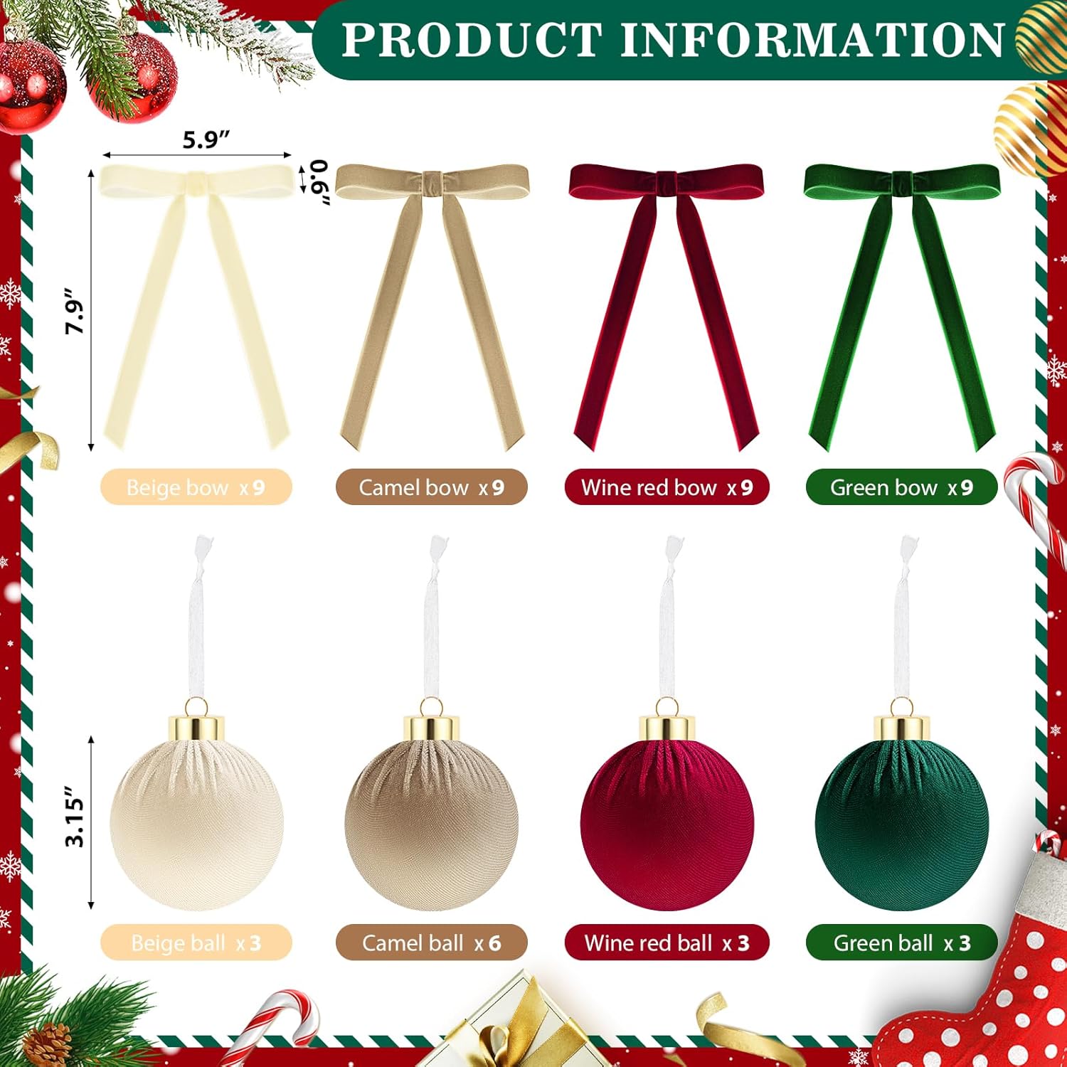 51 Pcs Christmas Velvet Ornaments 15 Pcs Christmas Tree Decor Balls 3.14" 36 Pcs Velvet Vintage Ribbon Bows 5/8" Wide 6 * 8" for Xmas Tree Hanging Decorations Home Indoor Decor (Four Colors)
