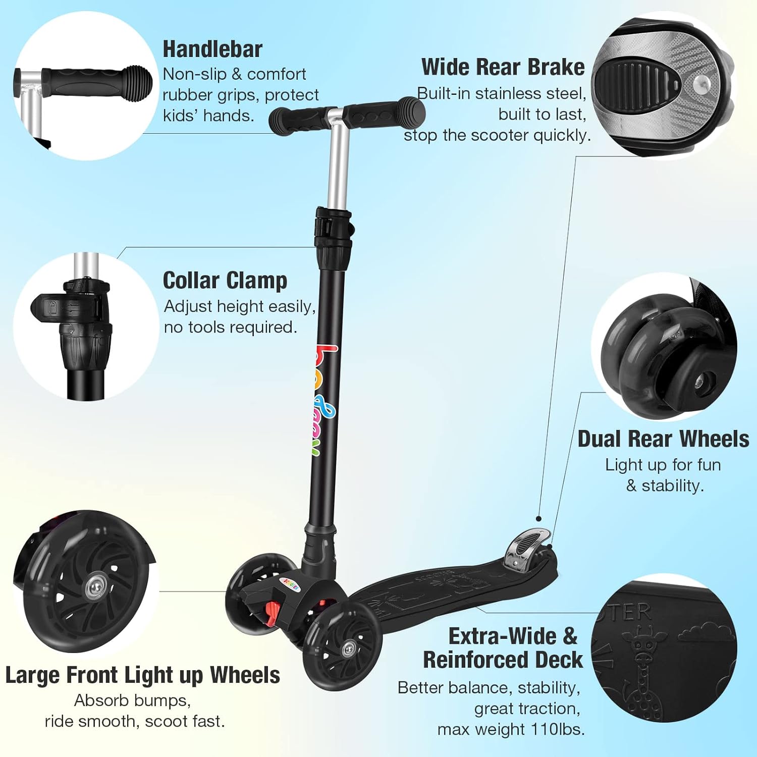 BELEEV Scooters for Kids 3 Wheel Kick Scooter for Toddlers Girls Boys, 4 Adjustable Height, Lean to Steer, Light up Wheels, Extra-Wide Deck, Easy to Assemble for Children Ages 3-12