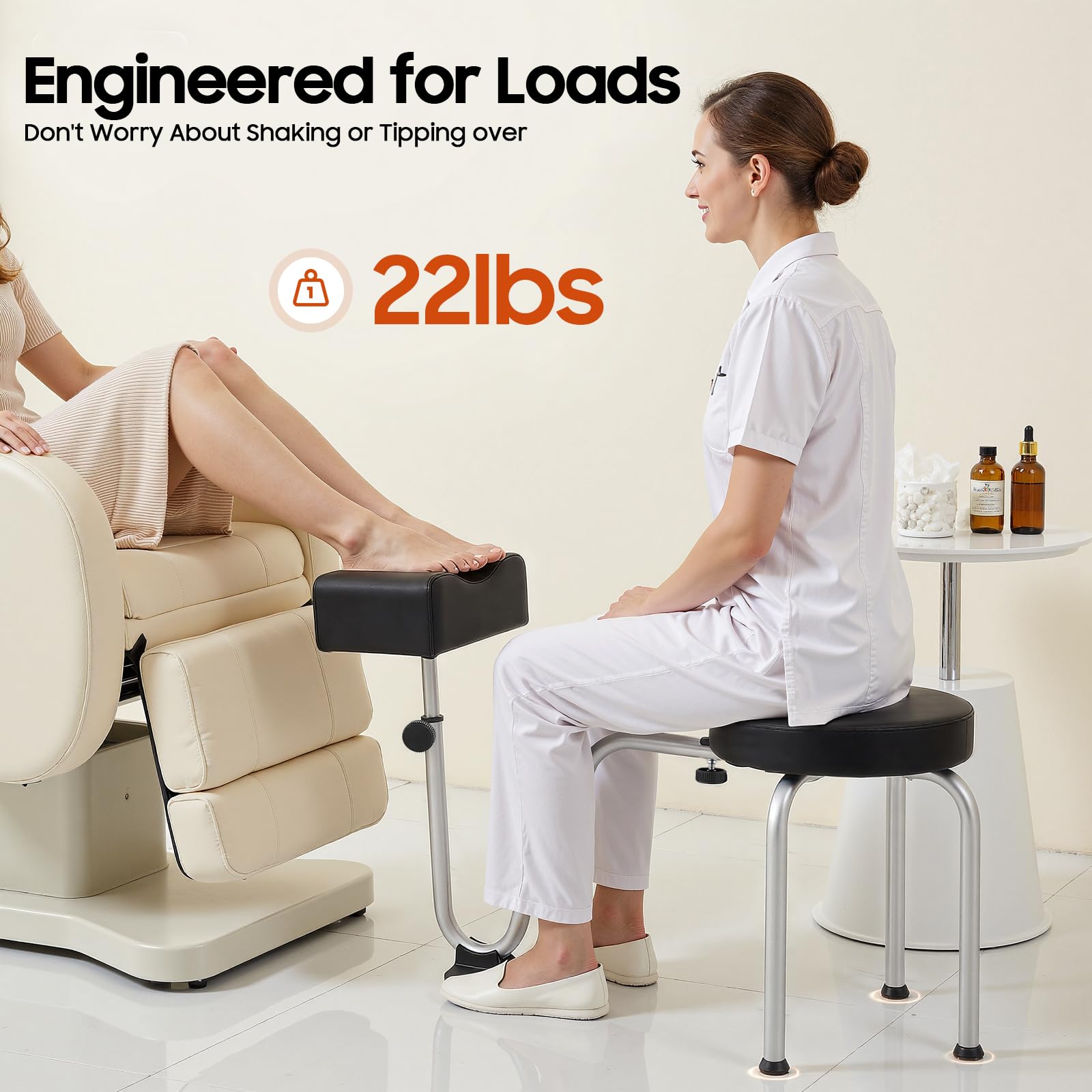 Sgabello per pedicure, con poggiapiedi, altezza regolabile 10 kg, carico massimo, cuscino comfort in poliuretano e piedi antiscivolo, per salone di manicure pro e uso domestico